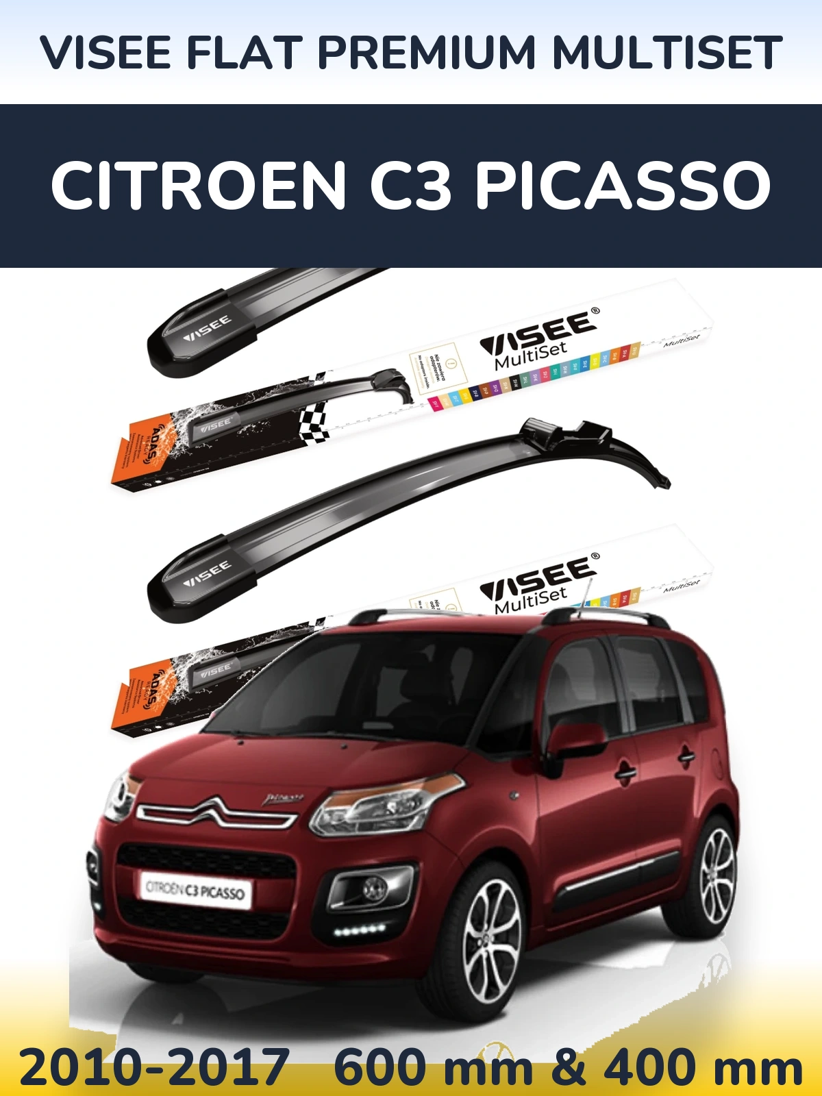 Front wiper blade set VISEE FLAT PREMIUM MultiSet 600 & 400 mm for Citroen C3 Picasso 2010-2017