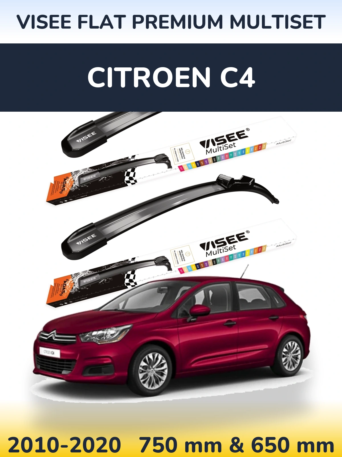 Front wiper blade set VISEE FLAT PREMIUM MultiSet 750 & 650 mm for Citroen C4 2010-2020