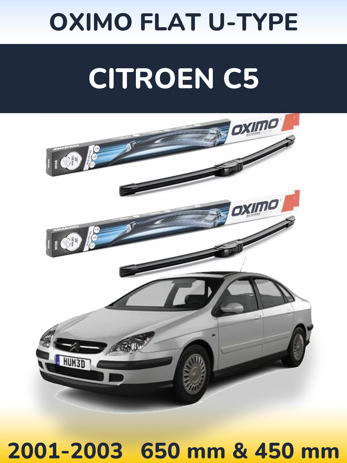 Front wiper blade set Oximo Flat U-type 650 & 450 mm for Citroen C5 2001-2003