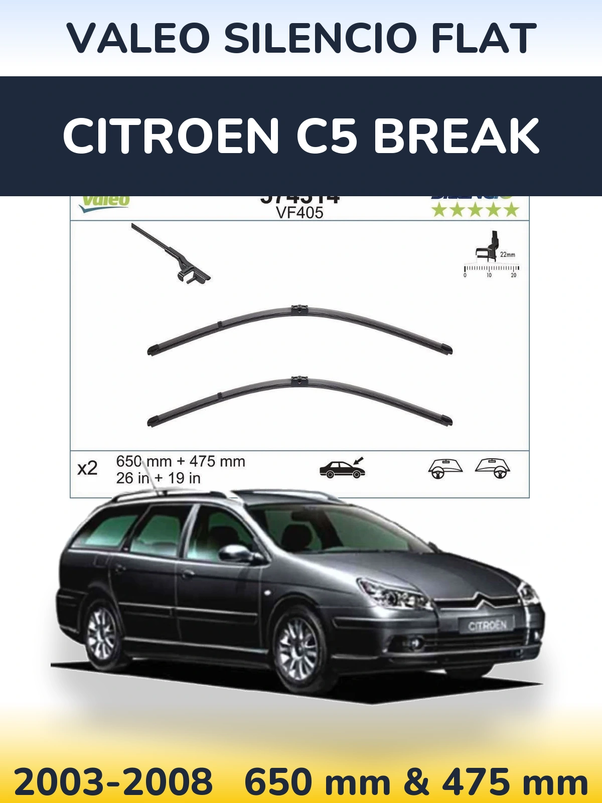 Komplet przednich wycieraczek Valeo Silencio Flat 650 & 475 mm do Citroen C5 Break 2003-2008
