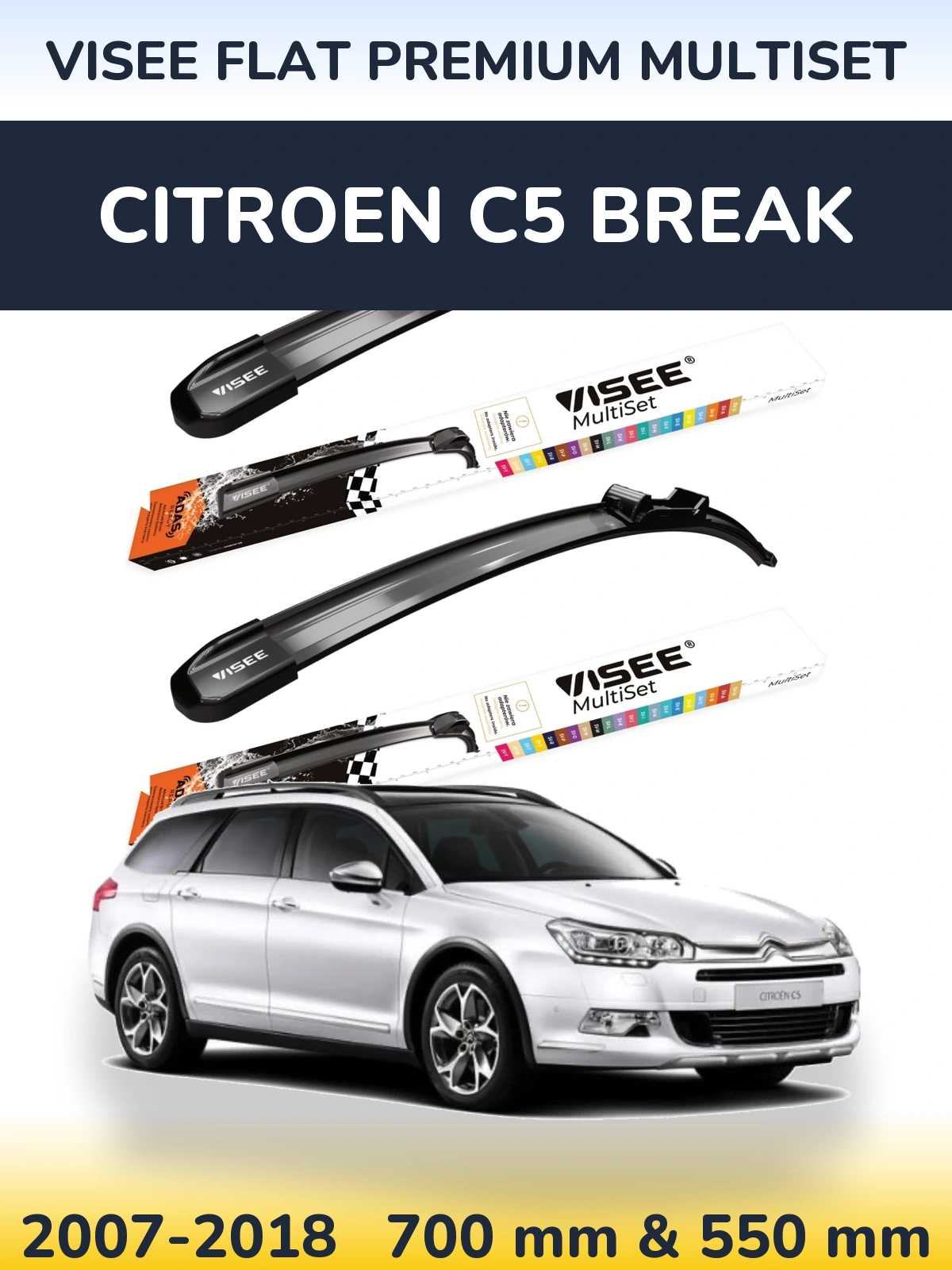 Комплект передних дворников VISEE FLAT PREMIUM MultiSet 700 & 550 мм для Citroen C5 Break 2007-2018