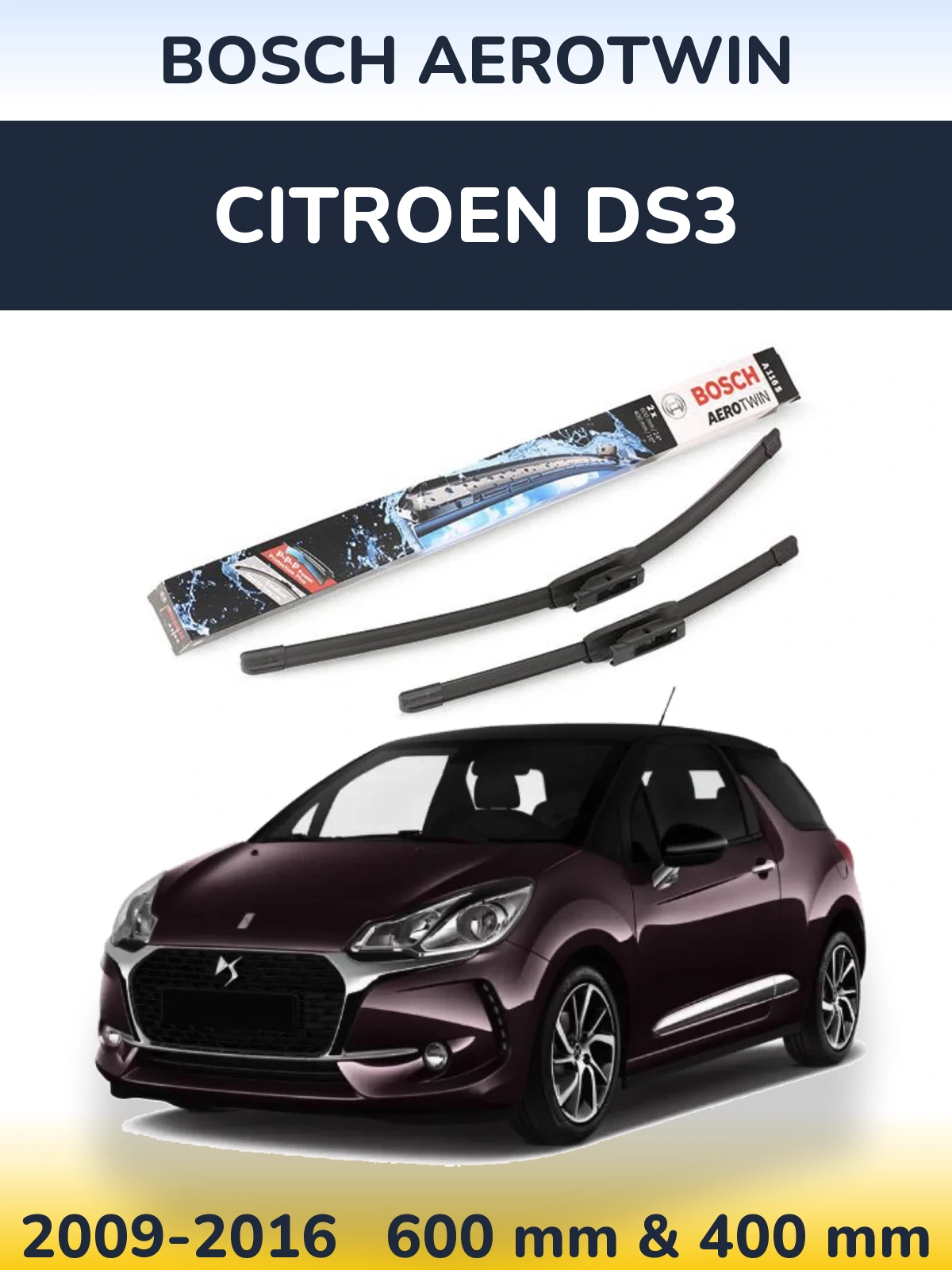Комплект передних дворников BOSCH AeroTwin 600 & 400 мм для Citroen DS3 2009-2016