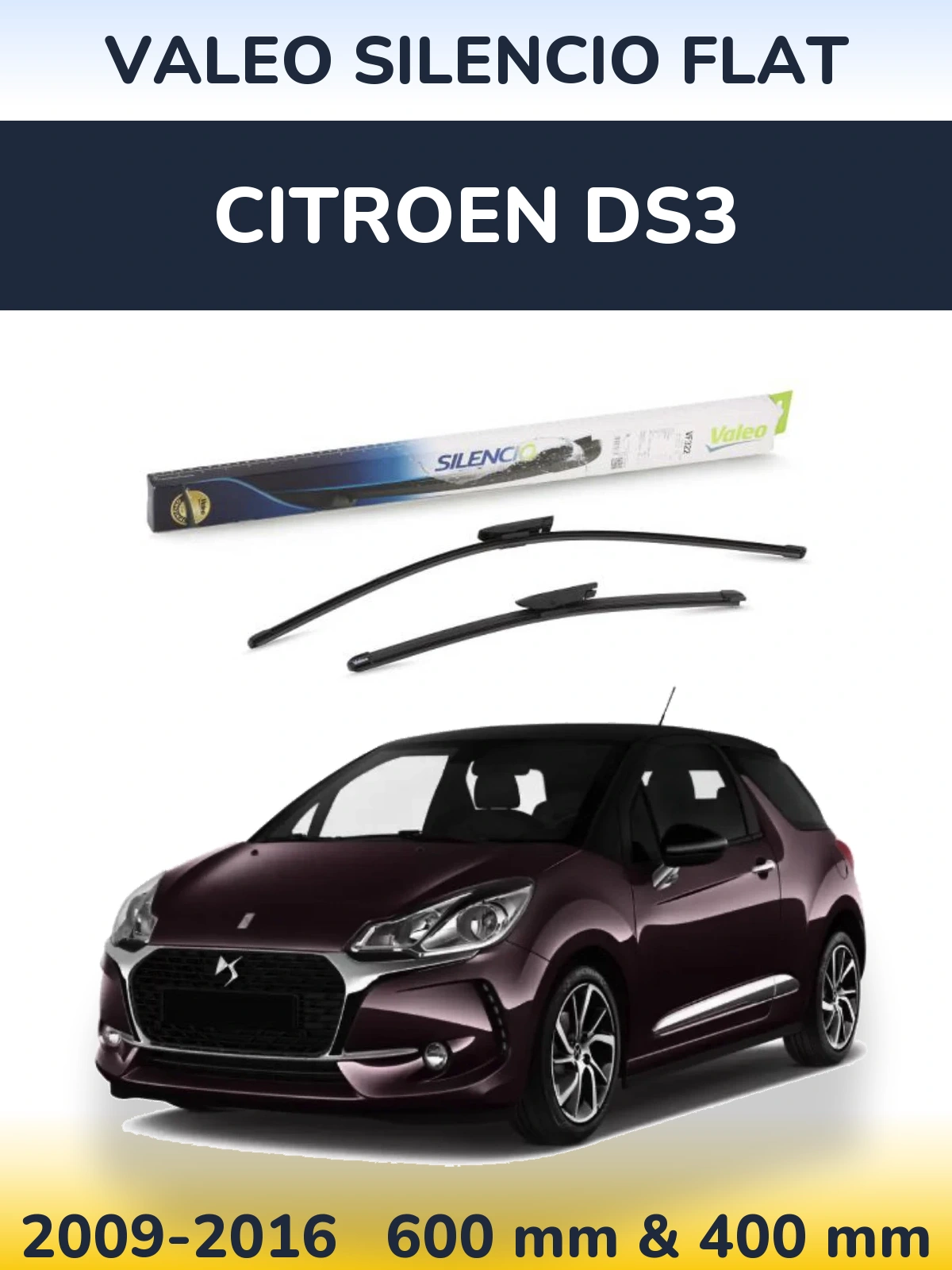 Front wiper blade set Valeo Silencio Flat 600 & 400 mm for Citroen DS3 2009-2016