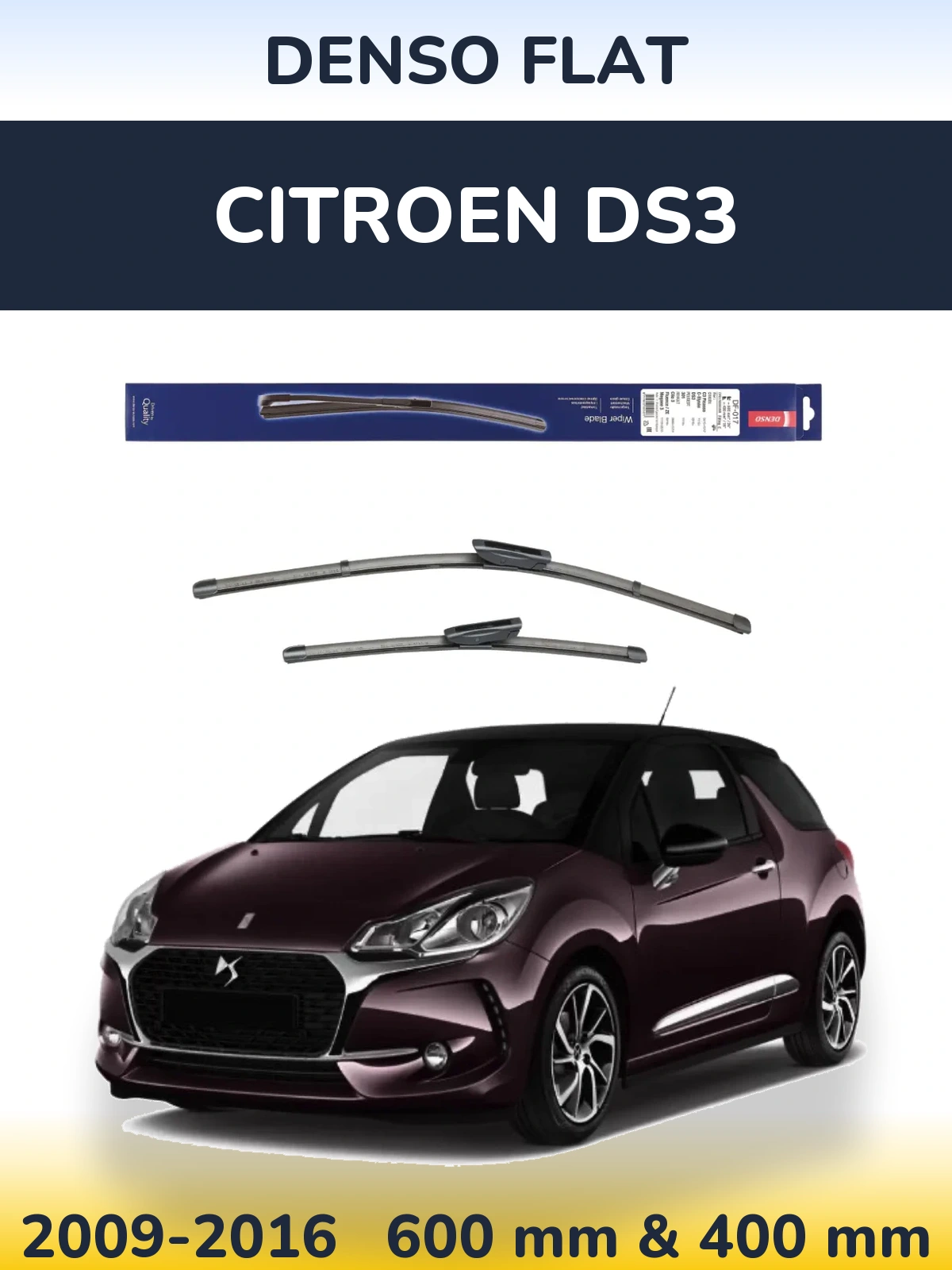 Front wiper blade set Denso Flat 600 & 400 mm for Citroen DS3 2009-2016