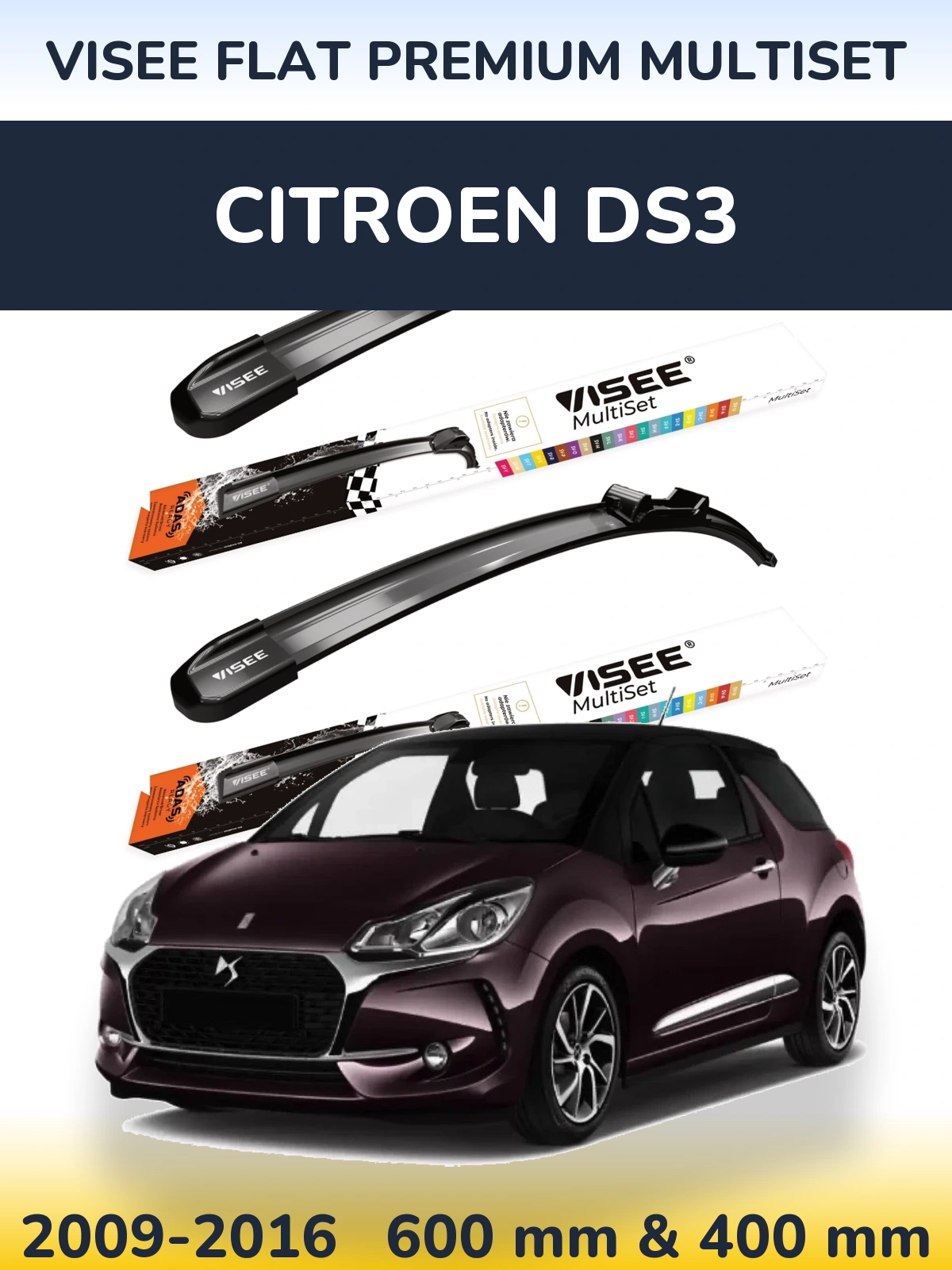 Komplet przednich wycieraczek VISEE FLAT PREMIUM MultiSet 600 & 400 mm do Citroen DS3 2009-2016