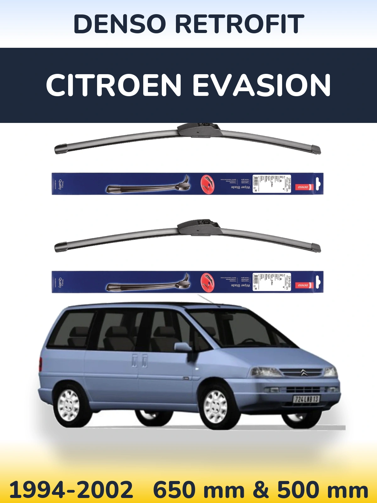 Komplet przednich wycieraczek Denso Retrofit 650 & 500 mm do Citroen Evasion 1994-2002