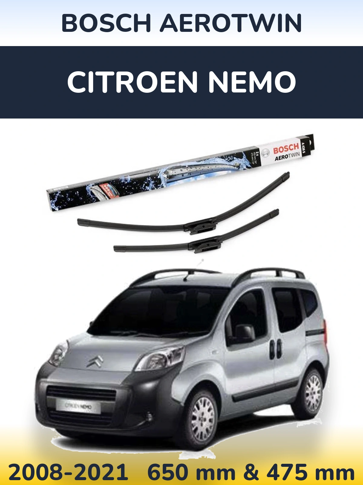 Комплект передних дворников BOSCH AeroTwin 650 & 475 мм для Citroen Nemo 2008-2021