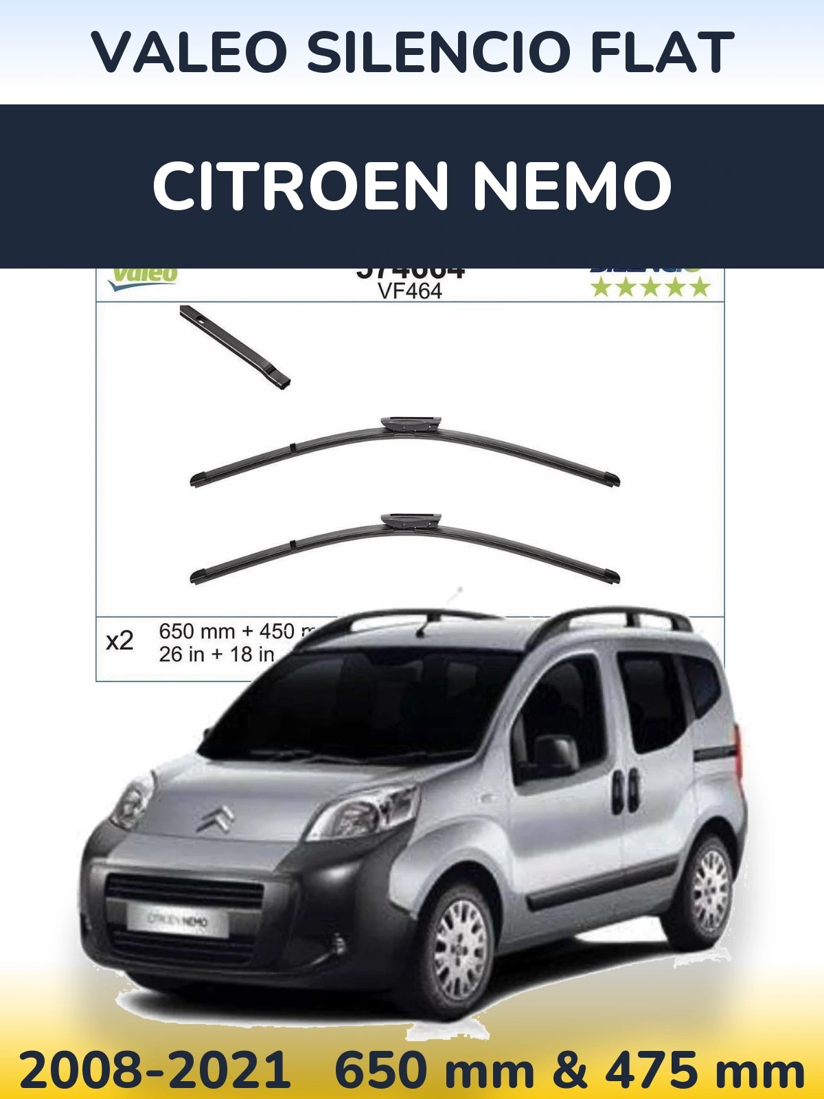 Комплект передних дворников Valeo Silencio Flat 650 & 450 мм для Citroen Nemo 2008-2021