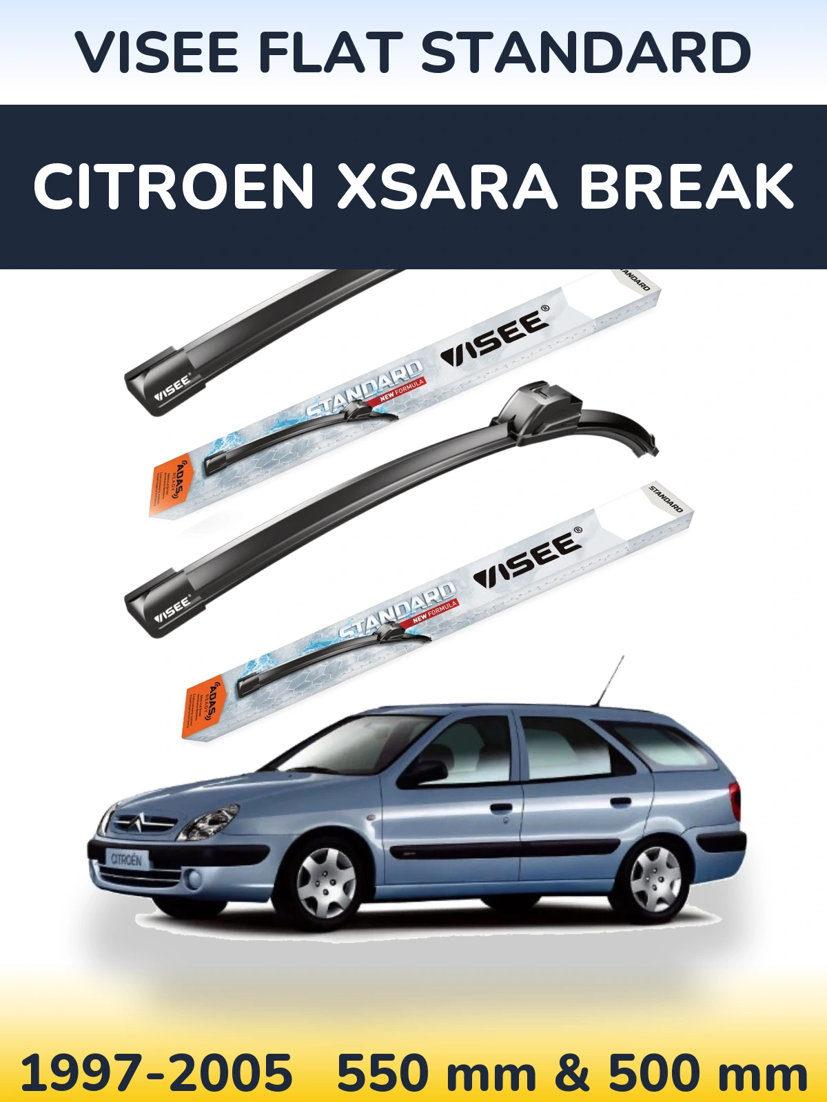 Komplet przednich wycieraczek VISEE FLAT STANDARD 550 & 500 mm do Citroen Xsara Break 1997-2005