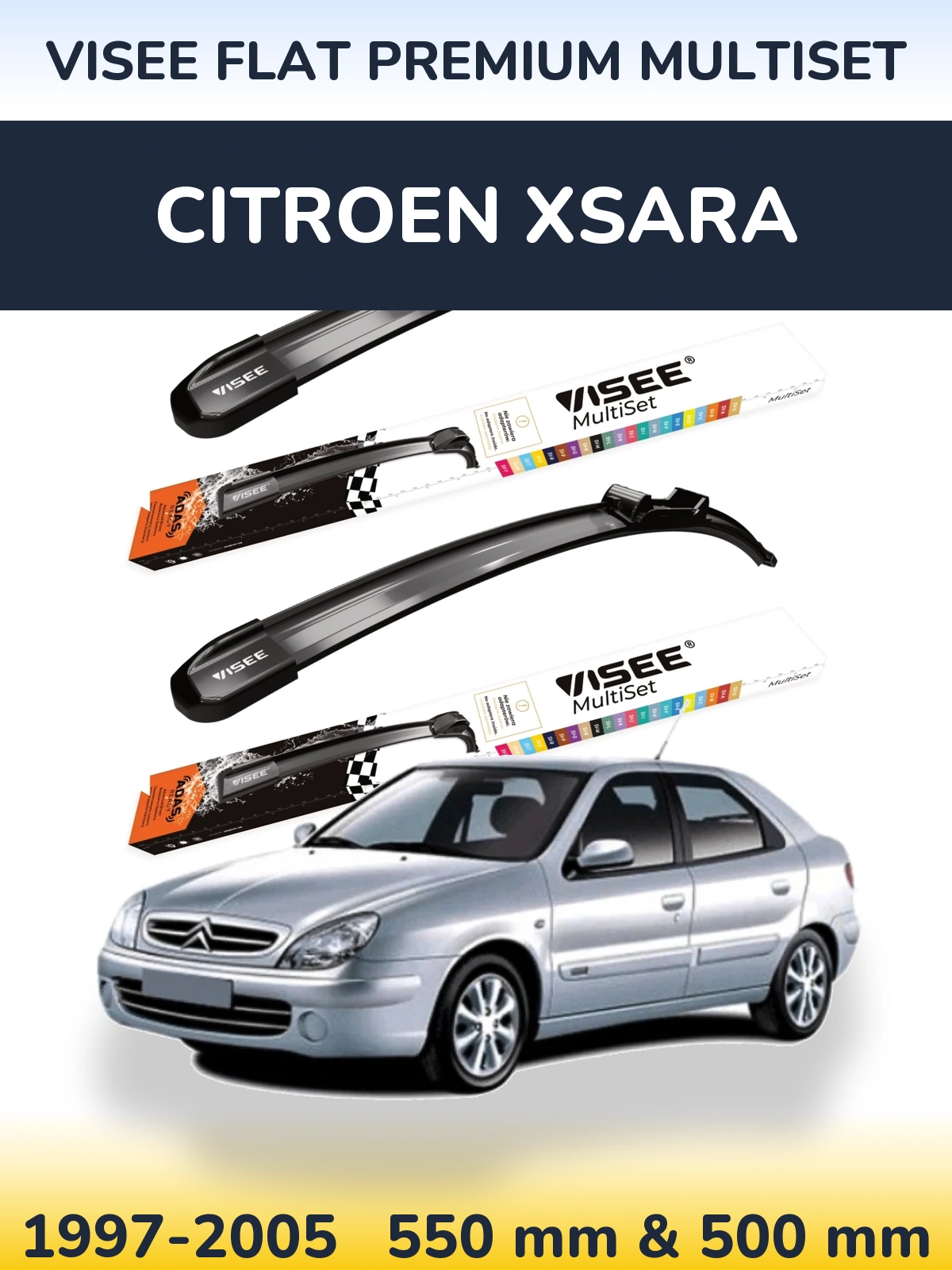 Komplet przednich wycieraczek VISEE FLAT PREMIUM MultiSet 550 & 500 mm do Citroen Xsara 1997-2005