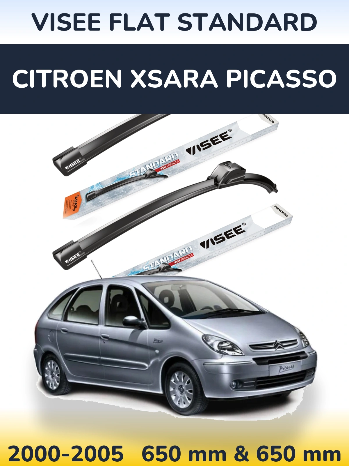 Komplet przednich wycieraczek VISEE FLAT STANDARD 650 & 650 mm do Citroen Xsara Picasso 2000-2005