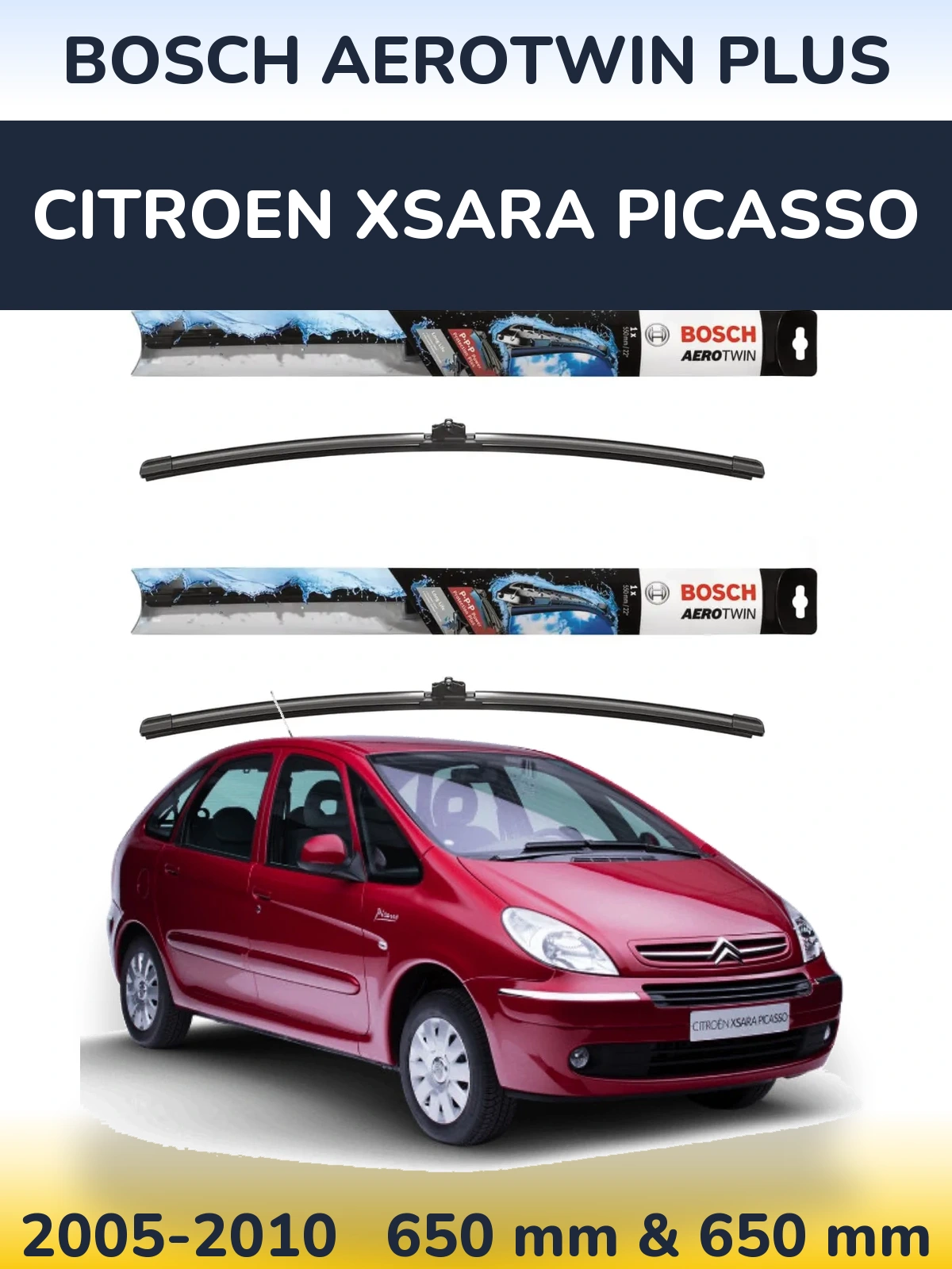 Komplet przednich wycieraczek BOSCH AeroTwin Plus 650 & 650 mm do Citroen Xsara Picasso 2005-2010
