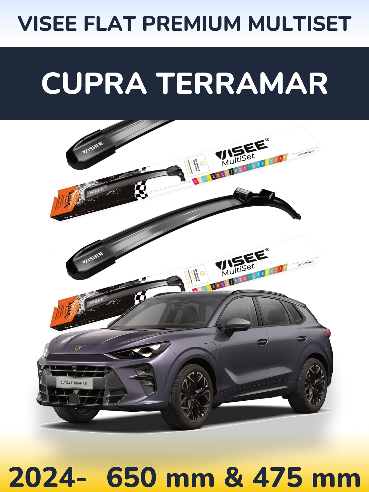 Komplet przednich wycieraczek VISEE FLAT PREMIUM MultiSet 650 & 475 mm do Cupra Terramar 2024-2026