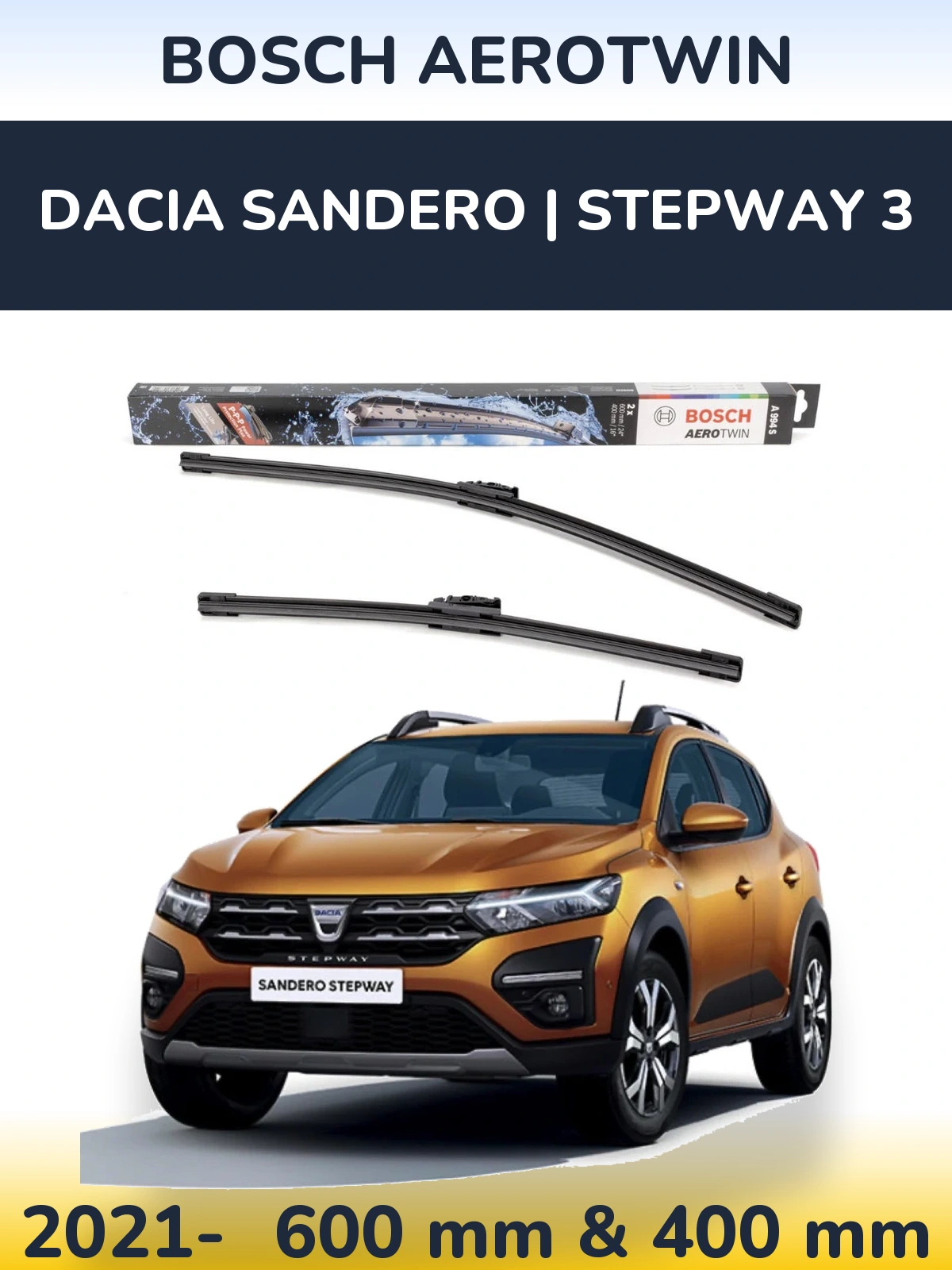 Комплект передних дворников BOSCH AeroTwin 600 & 400 мм для Dacia Sandero | Stepway 3 2021-2026