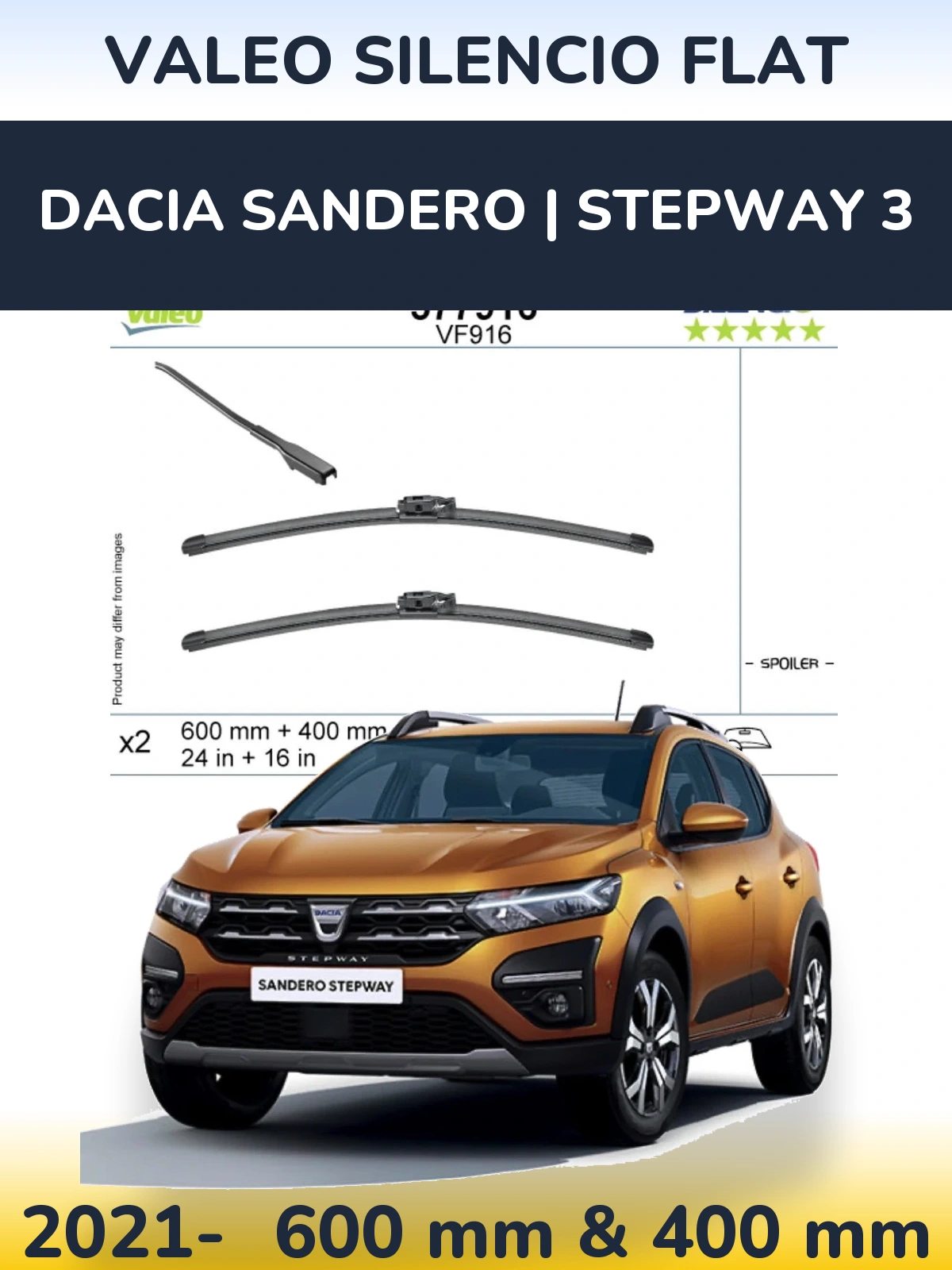 Komplet przednich wycieraczek Valeo Silencio Flat 600 & 400 mm do Dacia Sandero | Stepway 3 2021-2026