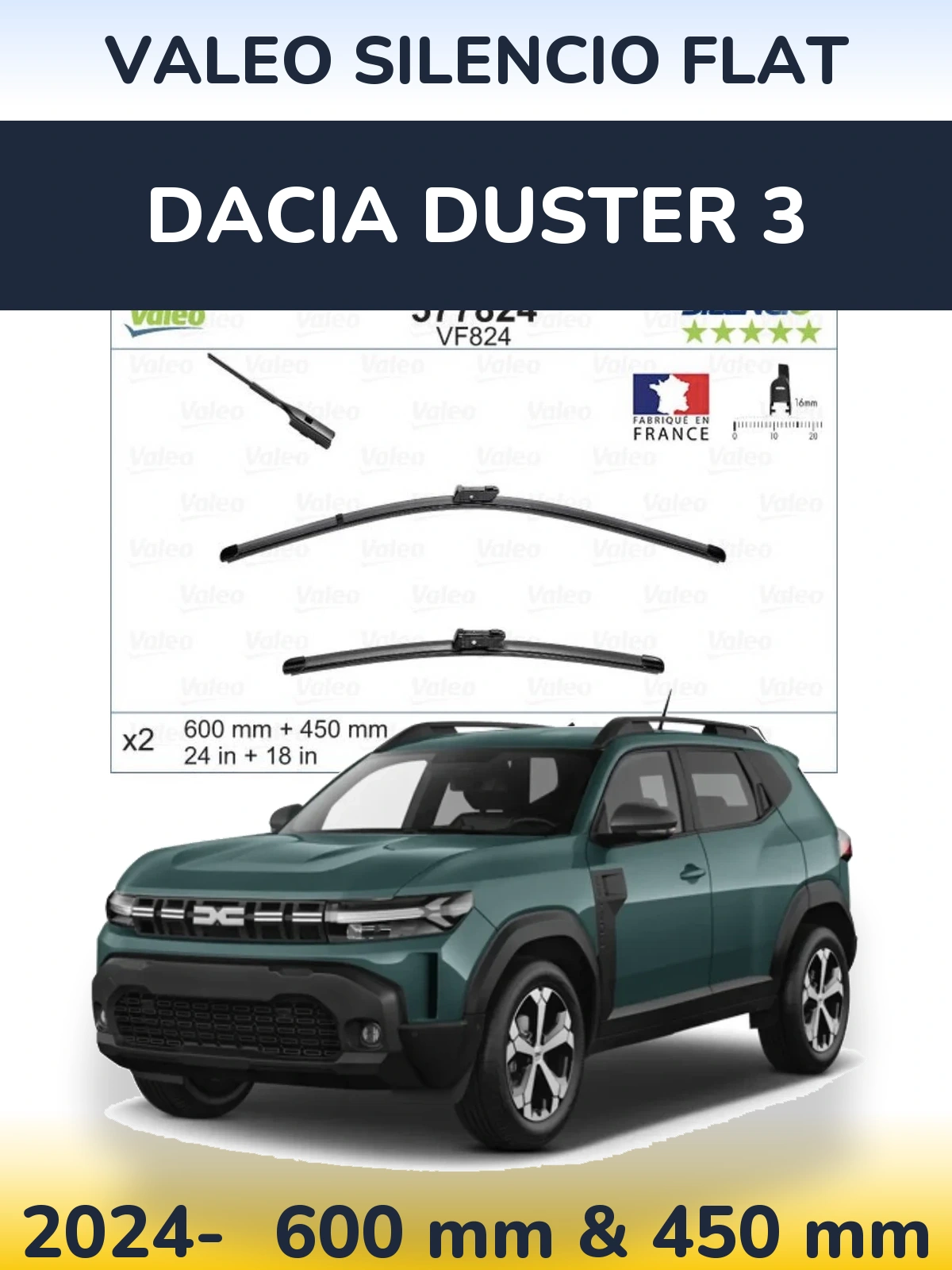 Komplet przednich wycieraczek Valeo Silencio Flat 600 & 450 mm do Dacia Duster 3 2024-2026