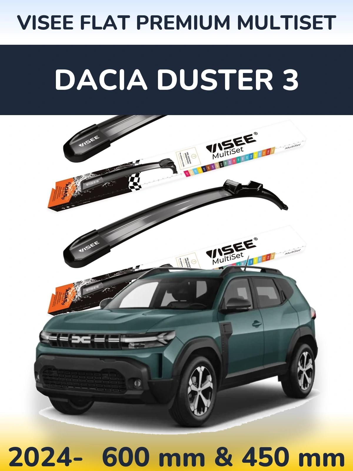 Komplet przednich wycieraczek VISEE FLAT PREMIUM MultiSet 600 & 450 mm do Dacia Duster 3 2024-2026
