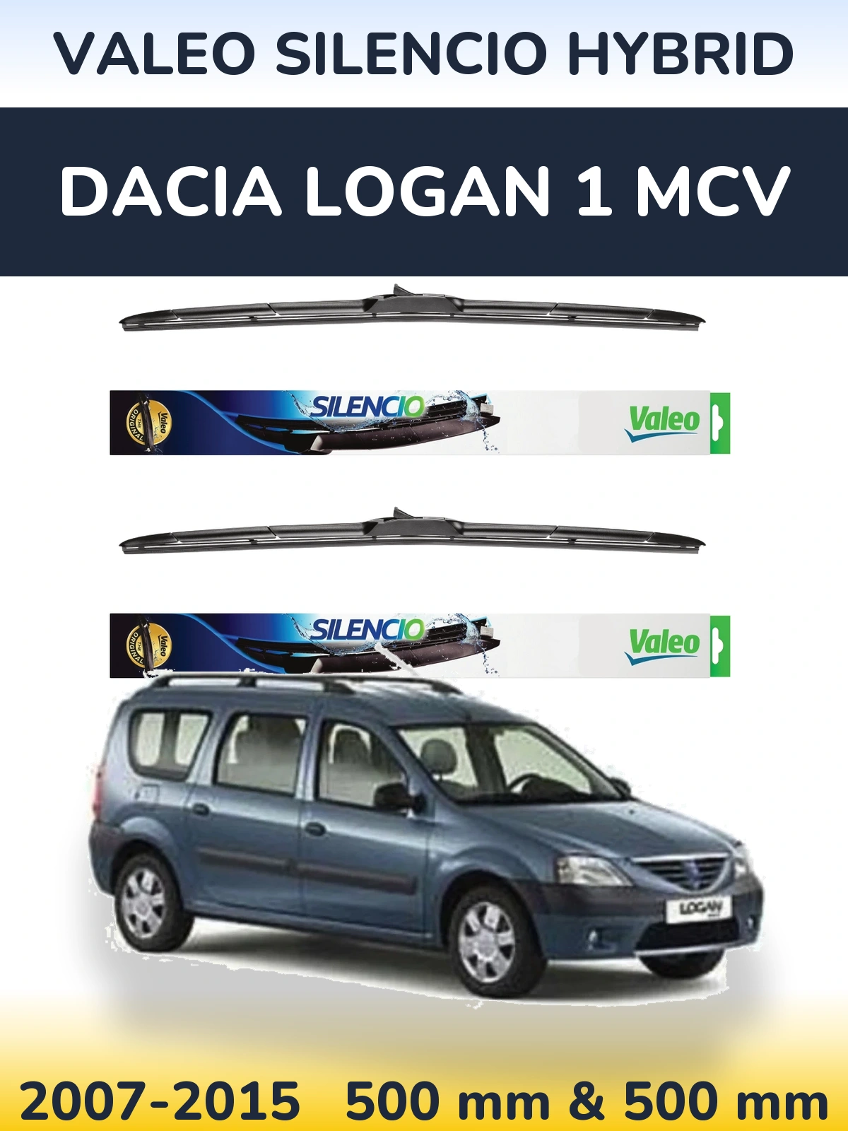 Front wiper blade set Valeo Silencio Hybrid 500 & 500 mm for Dacia Logan 1 MCV 2007-2015