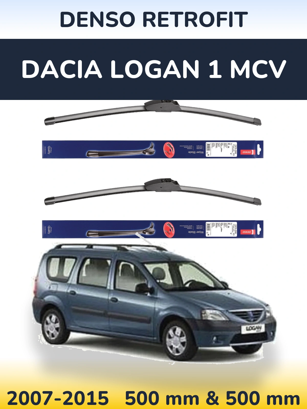 Front wiper blade set Denso Retrofit 500 & 500 mm for Dacia Logan 1 MCV 2007-2015