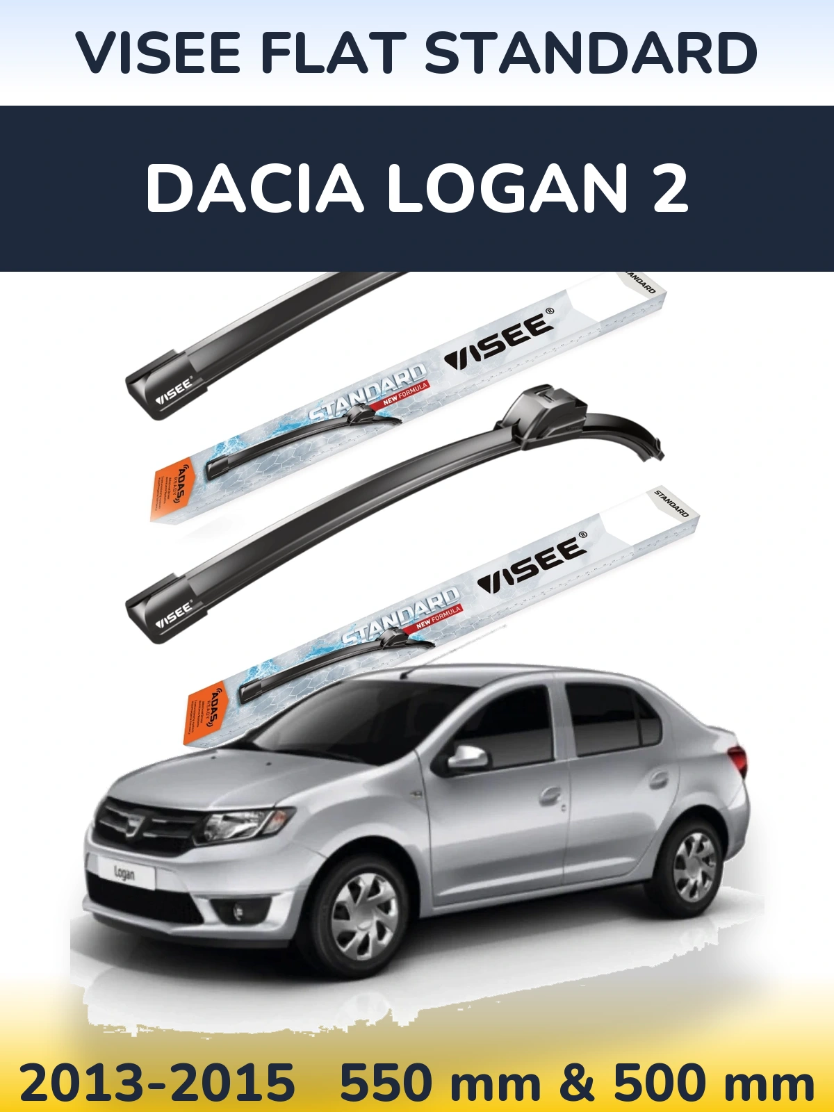 Front wiper blade set VISEE FLAT STANDARD 550 & 500 mm for Dacia Logan 2 2013-2015