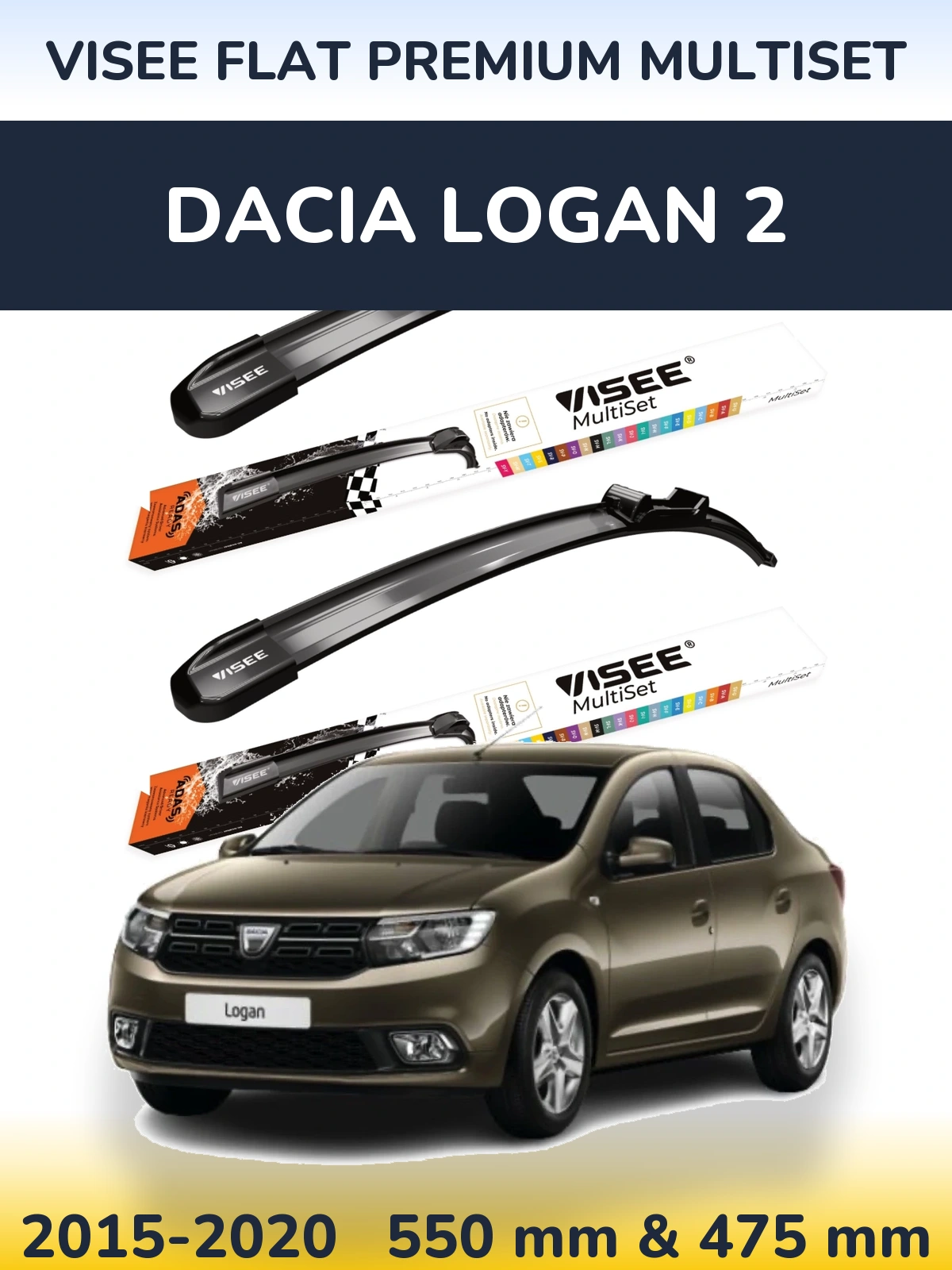 Комплект передних дворников VISEE FLAT PREMIUM MultiSet 550 & 475 мм для Dacia Logan 2 2015-2020