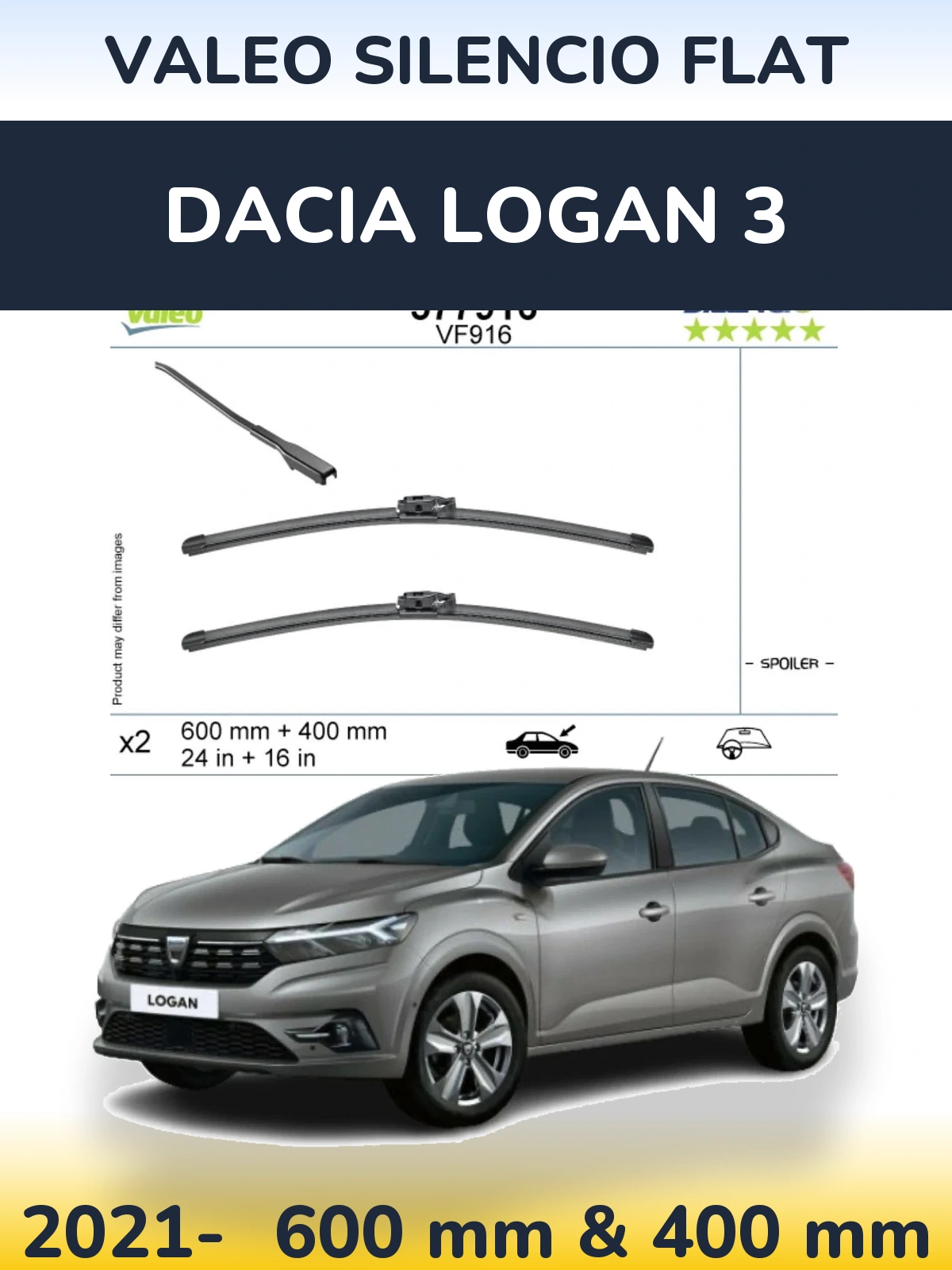 Komplet przednich wycieraczek Valeo Silencio Flat 600 & 400 mm do Dacia Logan 3 2021-2026
