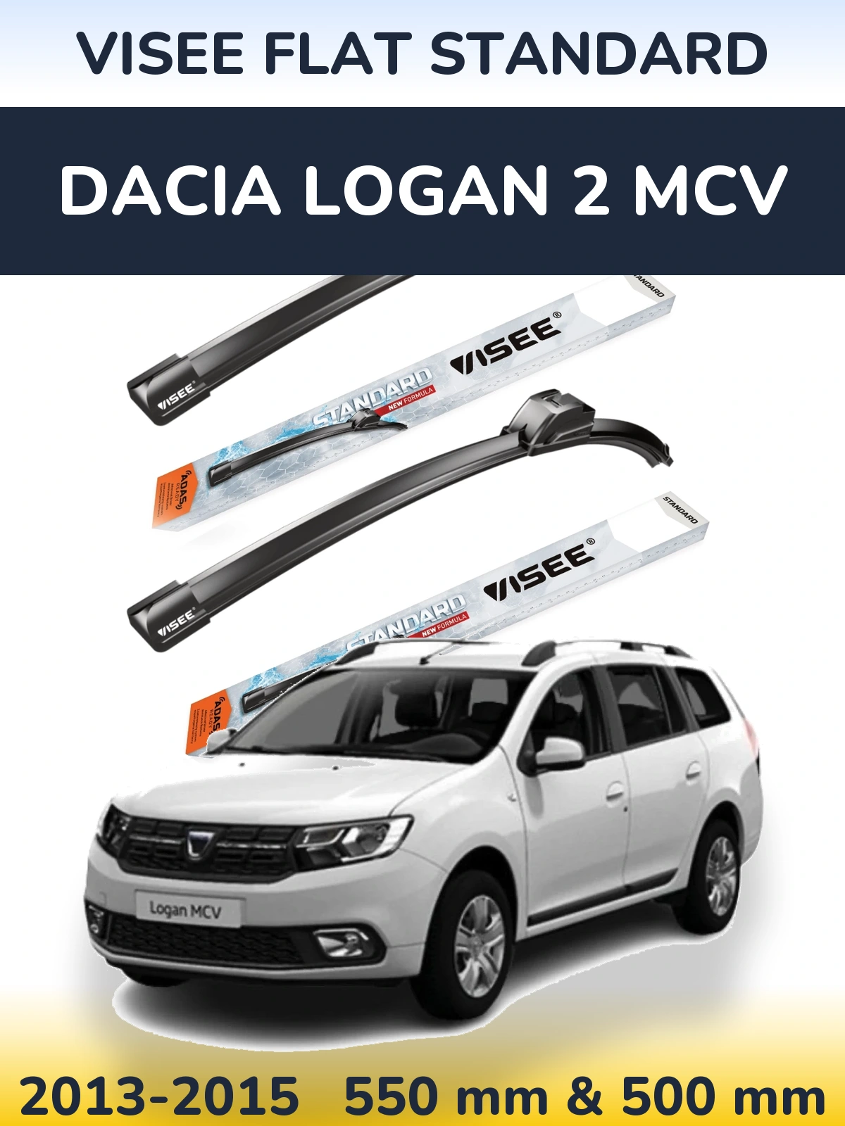 Front wiper blade set VISEE FLAT STANDARD 550 & 500 mm for Dacia Logan 2 MCV 2013-2015