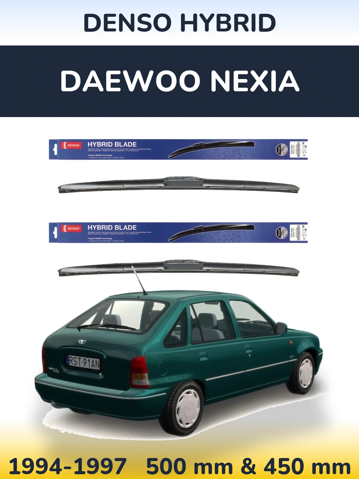 Komplet przednich wycieraczek Denso Hybrid 500 & 450 mm do Daewoo Nexia 1994-1997