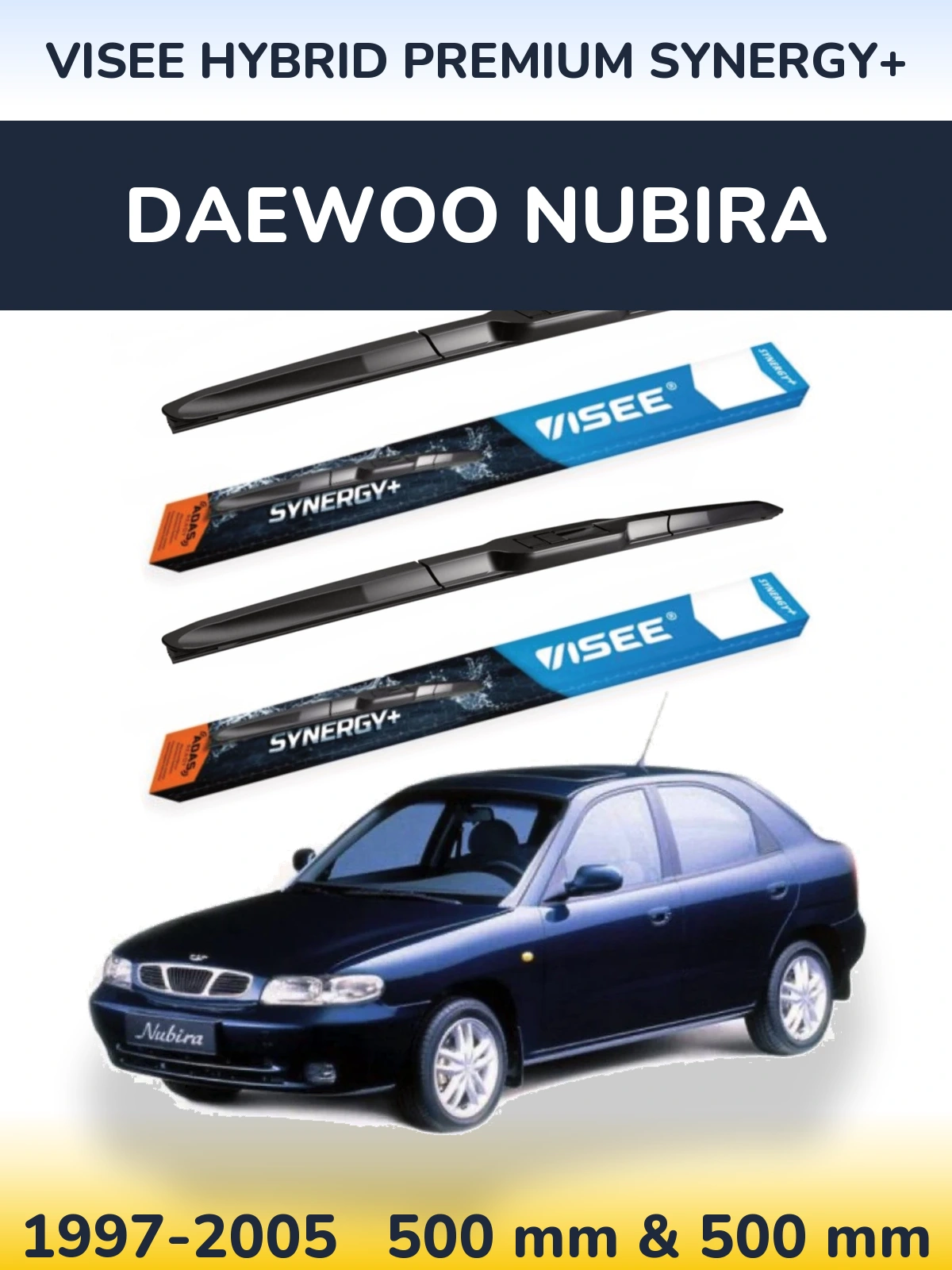 Front wiper blade set VISEE HYBRID PREMIUM SYNERGY+ 500 & 500 mm for Daewoo Nubira 1997-2005