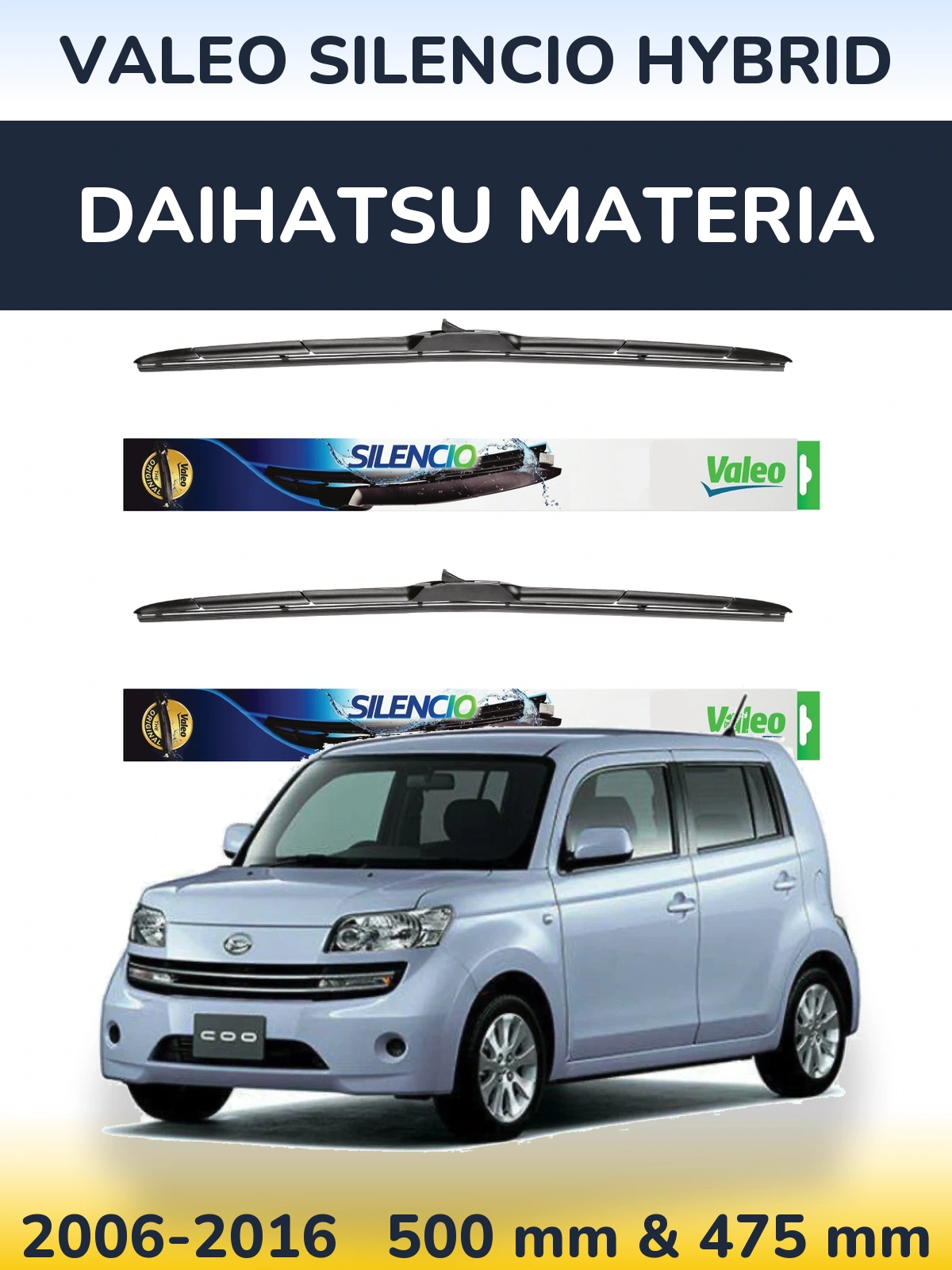 Комплект передних дворников Valeo Silencio Hybrid 500 & 475 мм для Daihatsu Materia 2006-2016