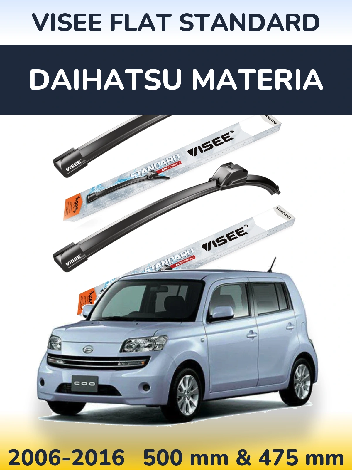 Комплект передних дворников VISEE FLAT STANDARD 500 & 475 мм для Daihatsu Materia 2006-2016