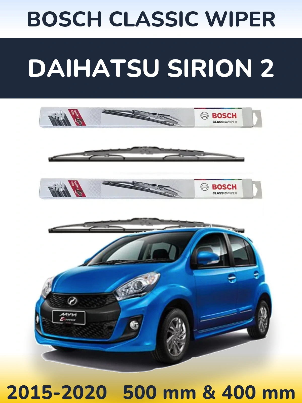 Комплект передних дворников BOSCH Classic Wiper 500 & 400 мм для Daihatsu SIrion 2 2015-2020