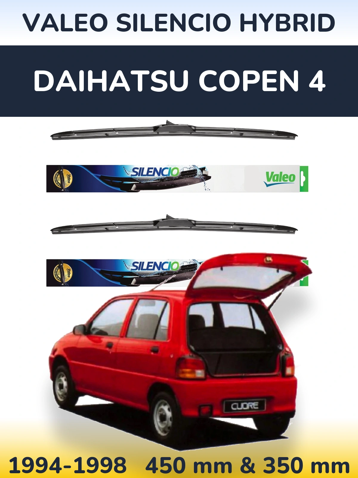 Komplet przednich wycieraczek Valeo Silencio Hybrid 450 & 350 mm do Daihatsu Copen 4 1994-1998