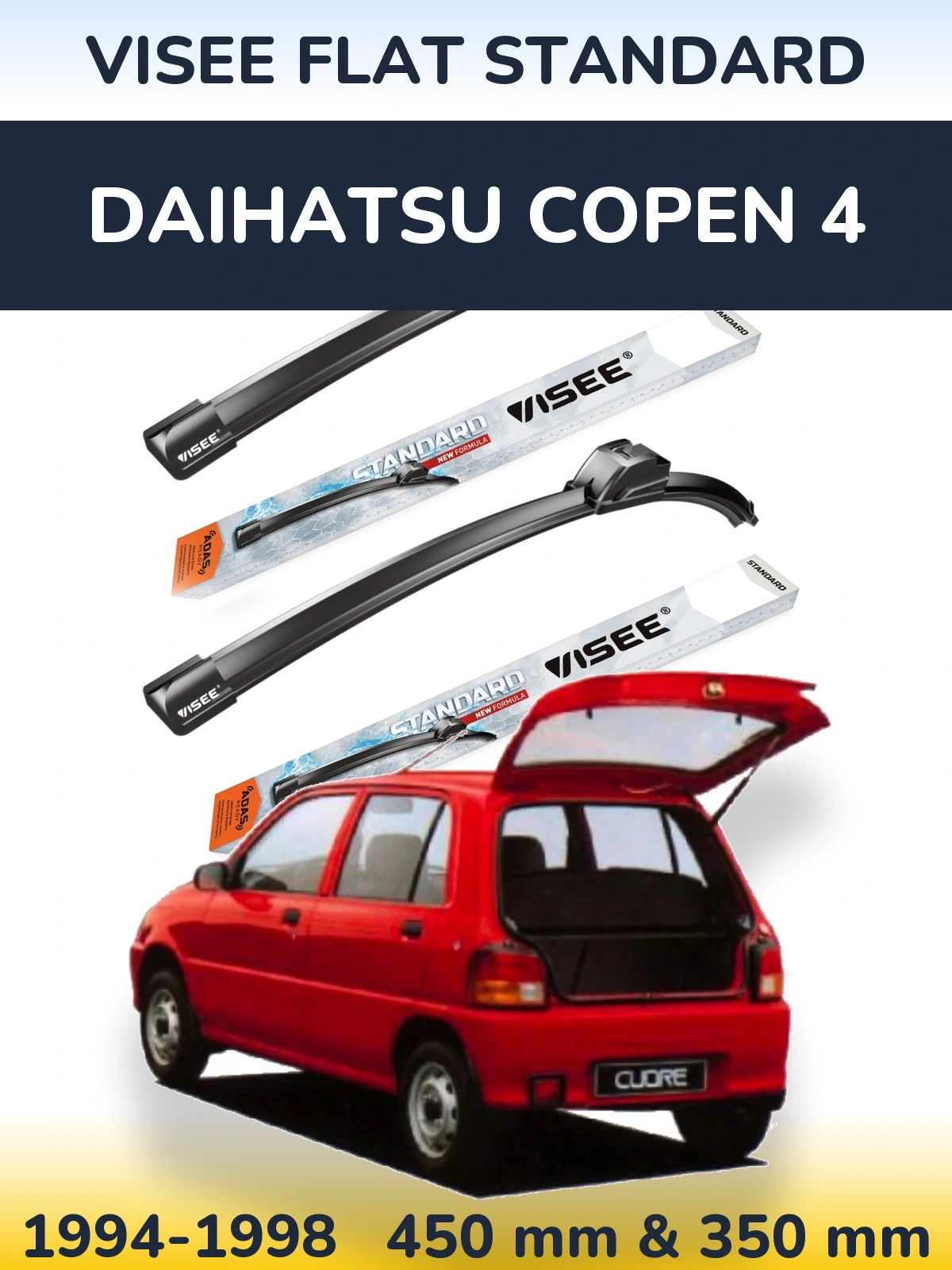 Komplet przednich wycieraczek VISEE FLAT STANDARD 450 & 350 mm do Daihatsu Copen 4 1994-1998