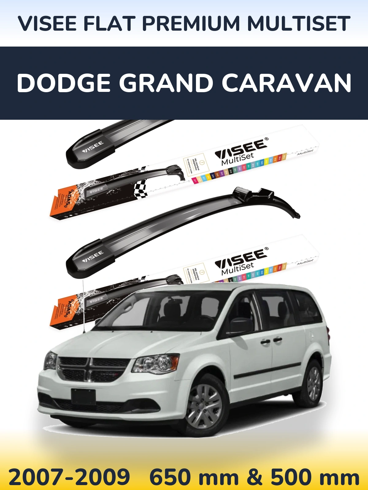 Комплект передних дворников VISEE FLAT PREMIUM MultiSet 650 & 500 мм для Dodge Grand Caravan 2007-2009