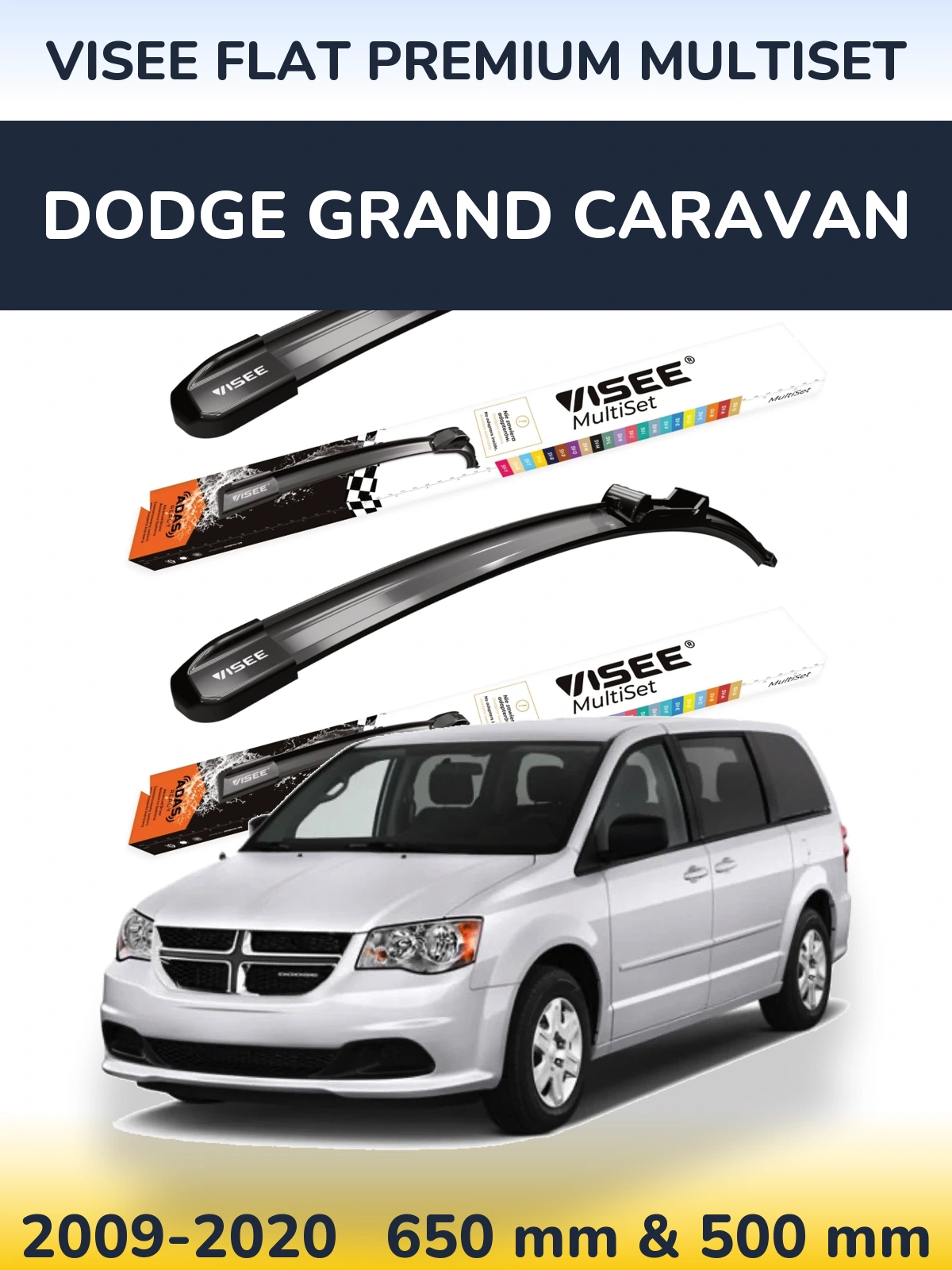 Комплект передних дворников VISEE FLAT PREMIUM MultiSet 650 & 500 мм для Dodge Grand Caravan 2009-2020