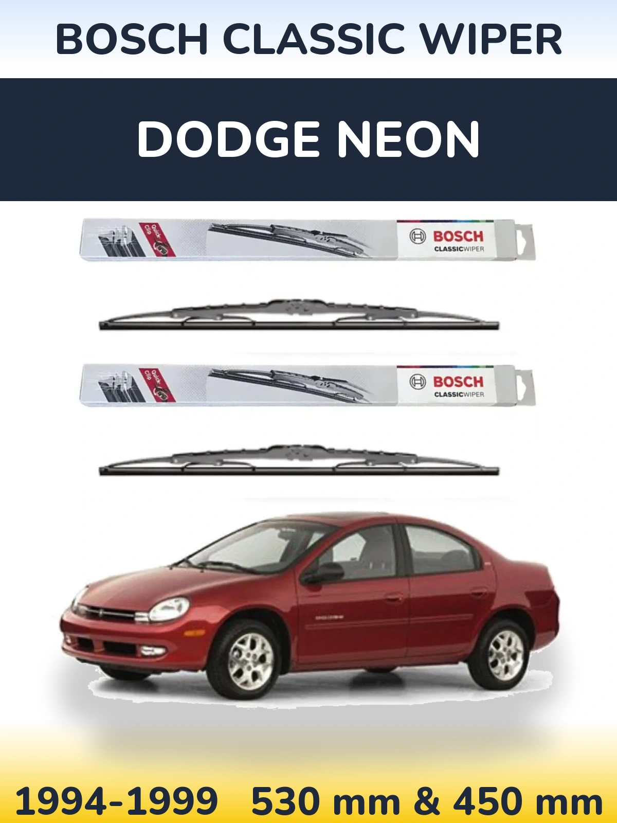 Front wiper blade set BOSCH Classic Wiper 530 & 450 mm for Dodge Neon 1994-1999
