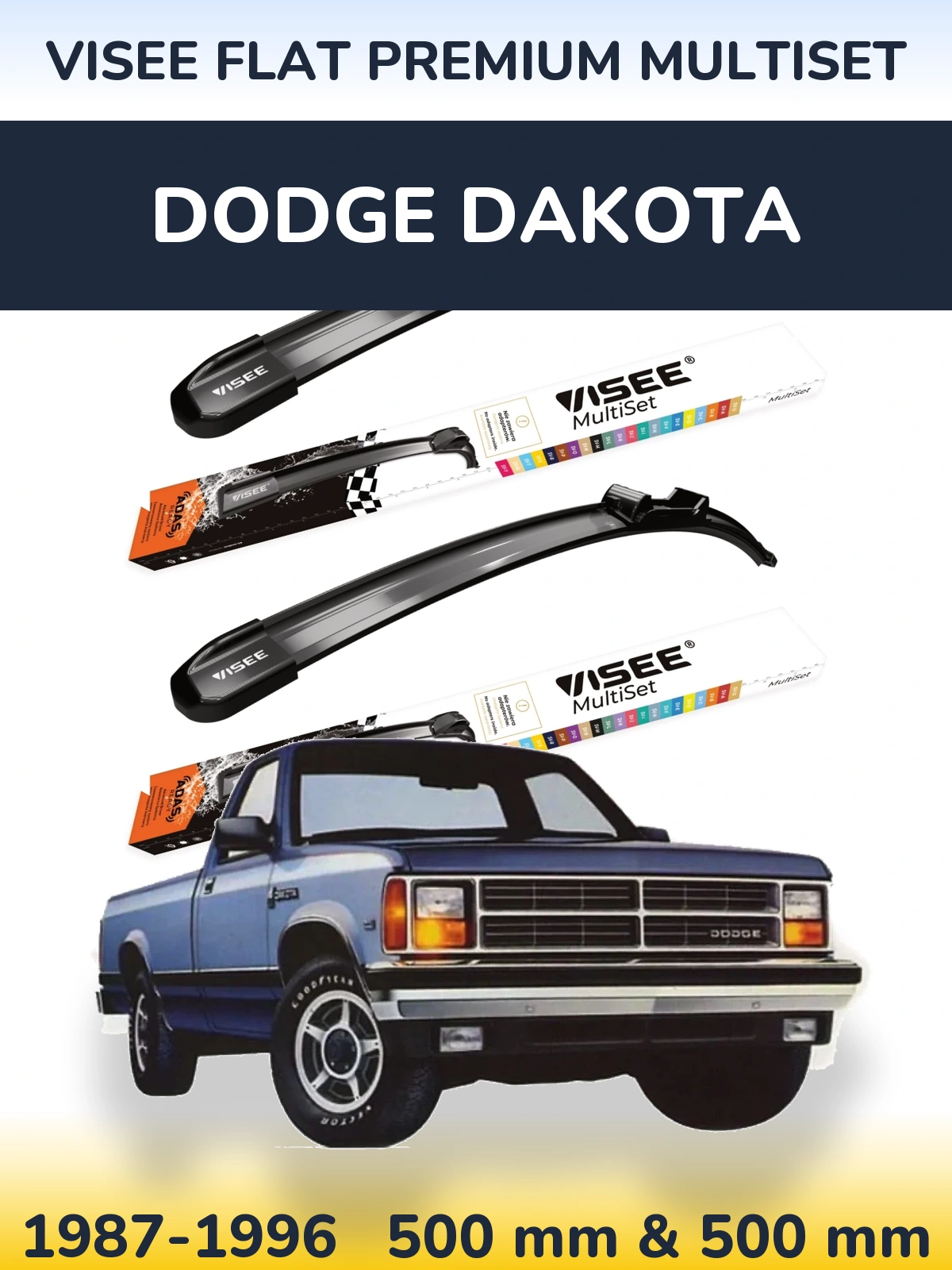 Комплект передних дворников VISEE FLAT PREMIUM MultiSet 500 & 500 мм для Dodge Dakota 1987-1996