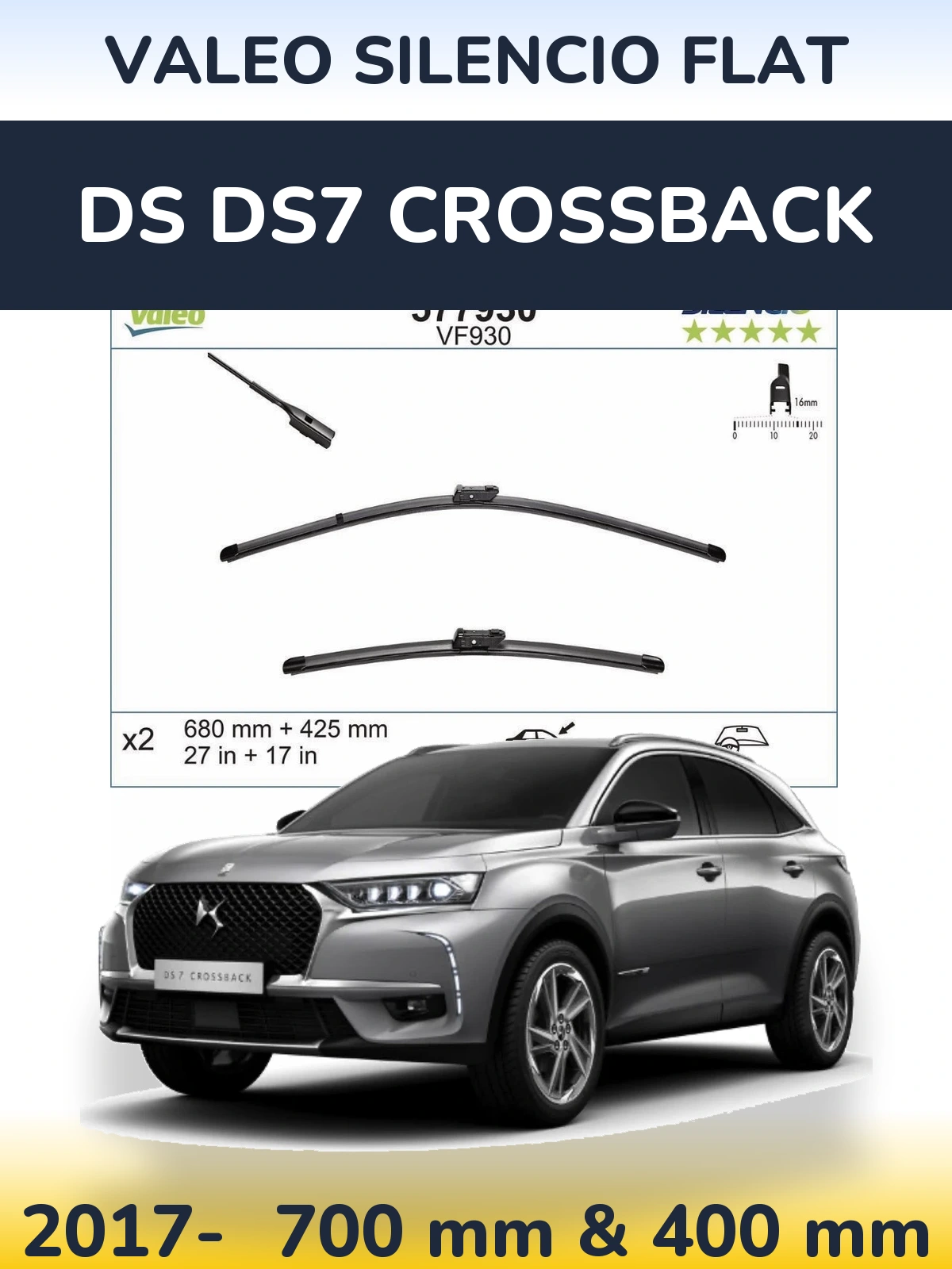 Front wiper blade set Valeo Silencio Flat 680 & 400 mm for DS DS7 Crossback 2017-2026
