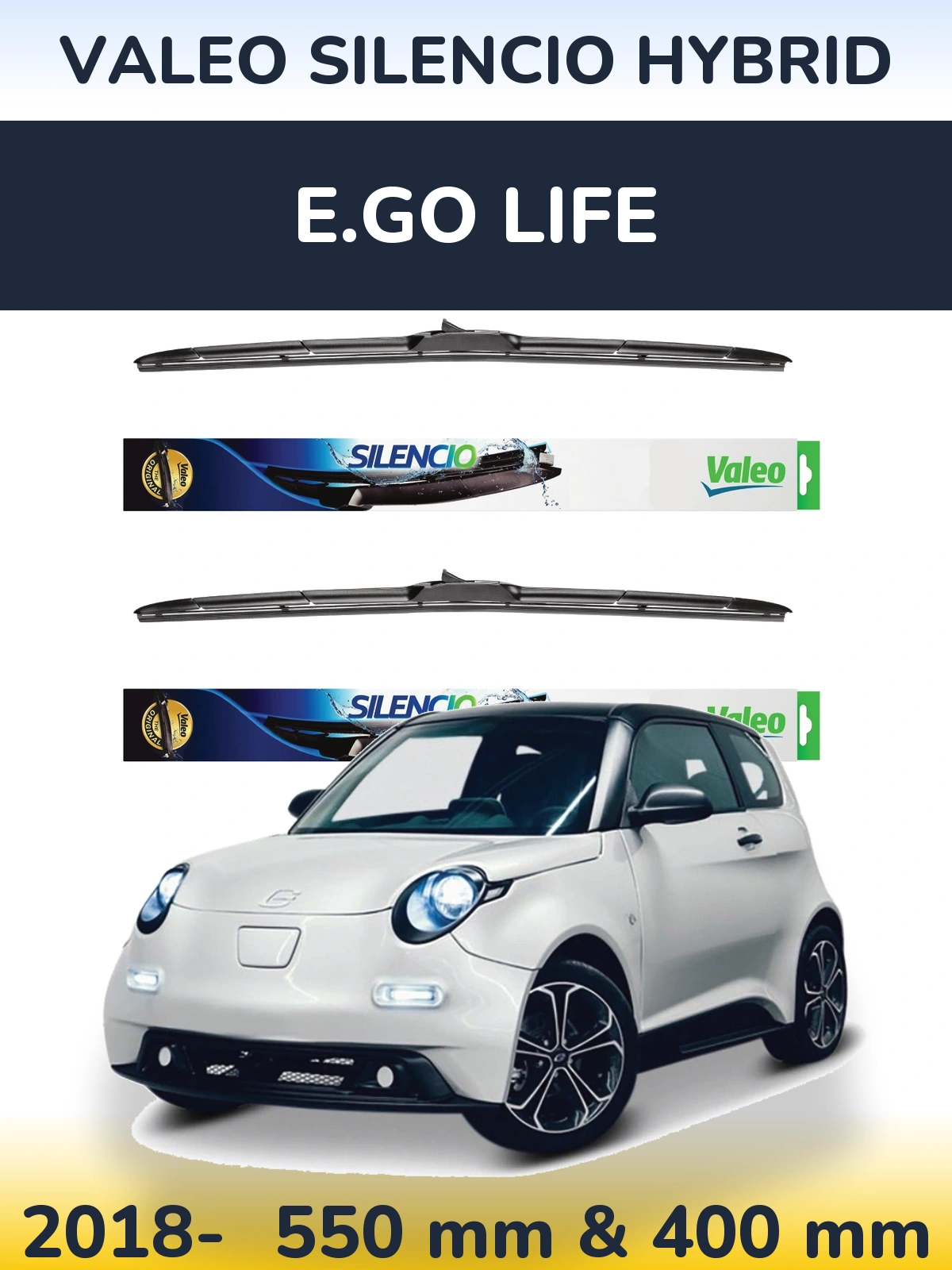 Komplet przednich wycieraczek Valeo Silencio Hybrid 550 & 400 mm do E.GO life 2018-2026