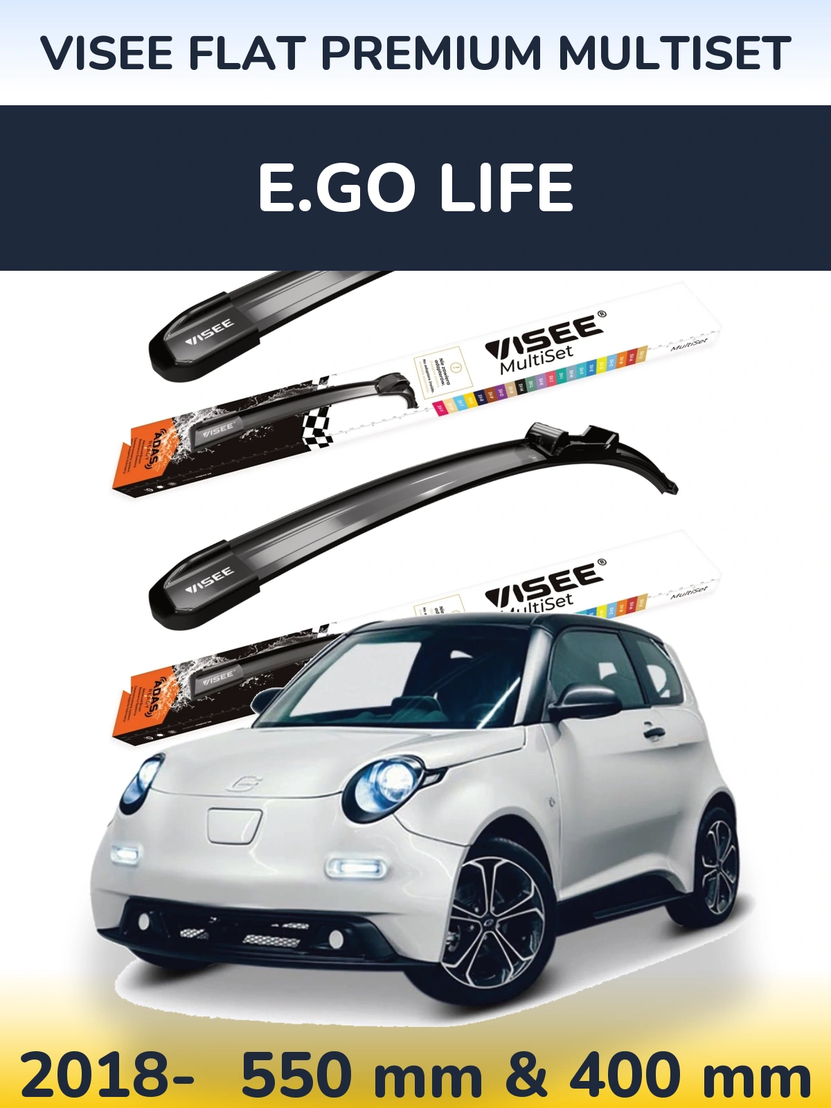Front wiper blade set VISEE FLAT PREMIUM MultiSet 550 & 400 mm for E.GO life 2018-2026