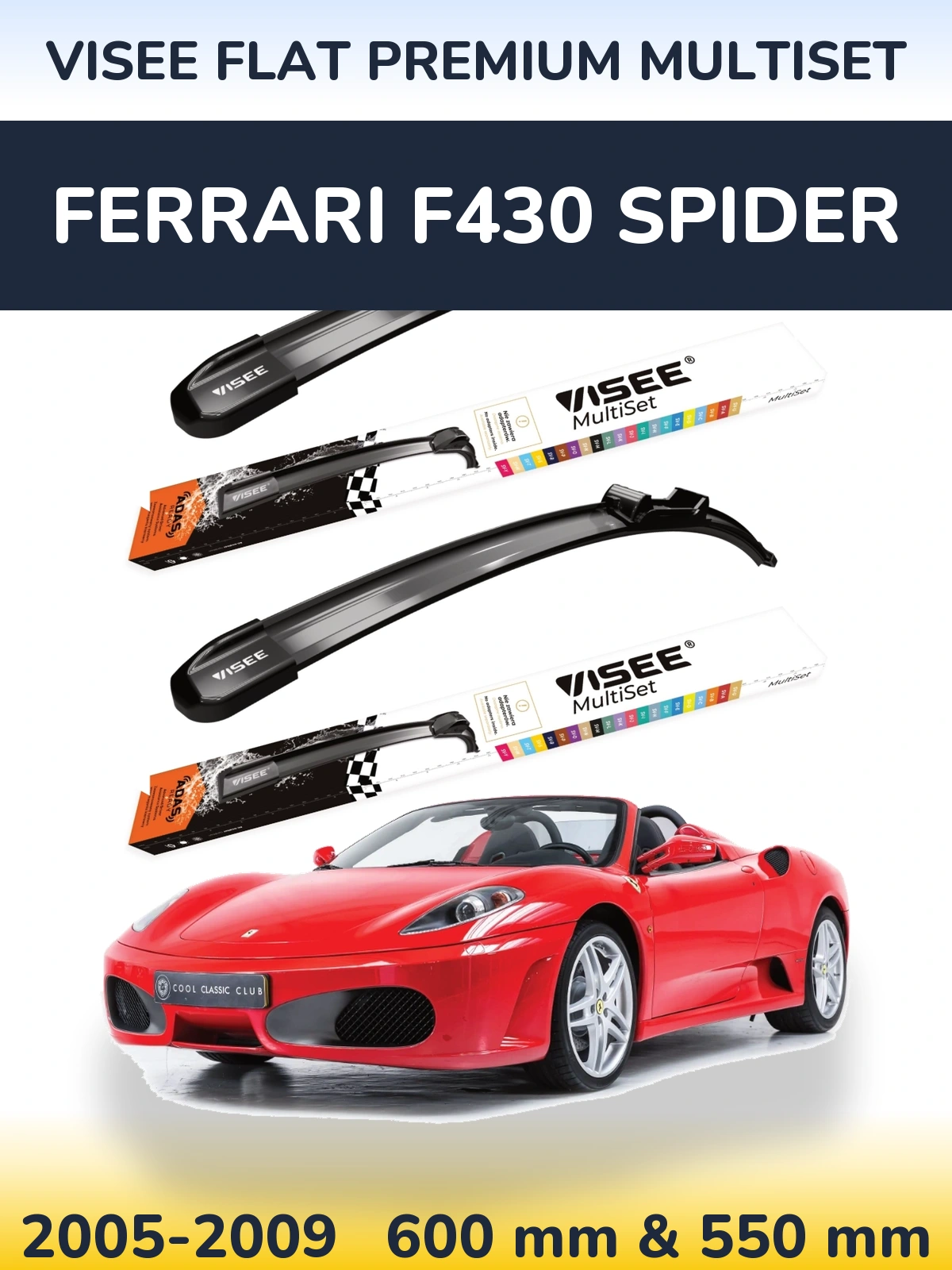 Комплект передних дворников VISEE FLAT PREMIUM MultiSet 600 & 550 мм для Ferrari F430 Spider 2005-2009
