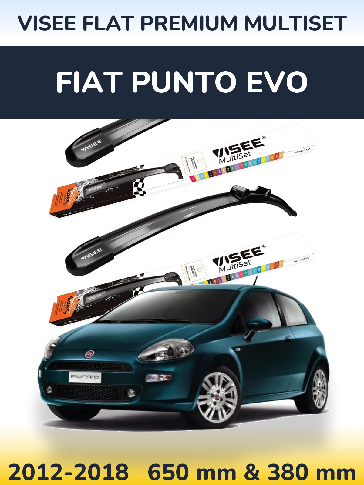 Комплект передних дворников VISEE FLAT PREMIUM MultiSet 650 & 380 мм для Fiat Punto Evo 2012-2018