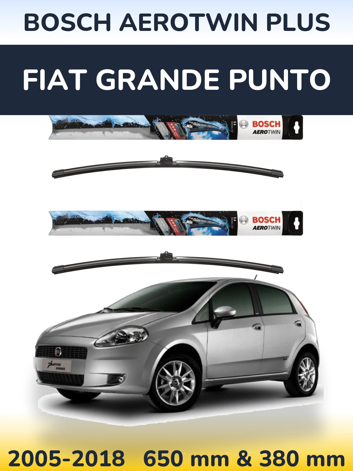 Komplet przednich wycieraczek BOSCH AeroTwin Plus 650 & 380 mm do Fiat Grande Punto 2005-2018