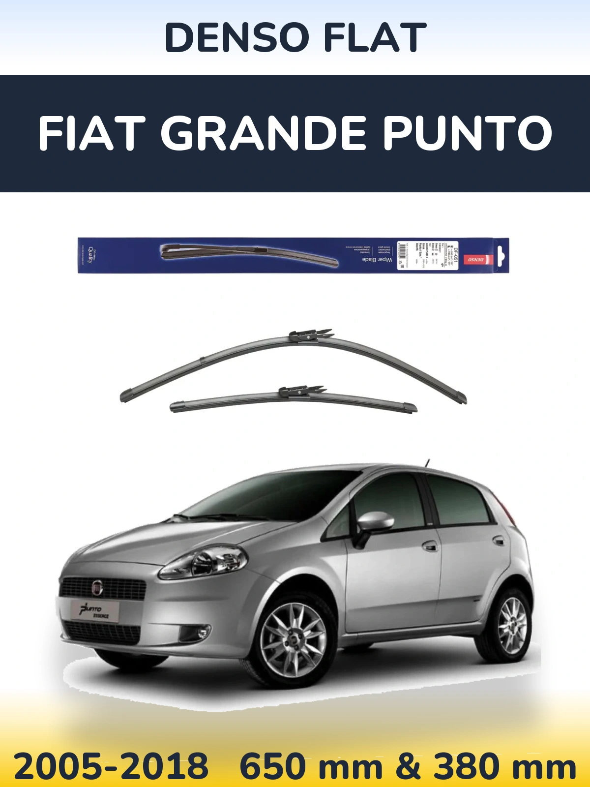Front wiper blade set Denso Flat 650 & 380 mm for Fiat Grande Punto 2005-2018