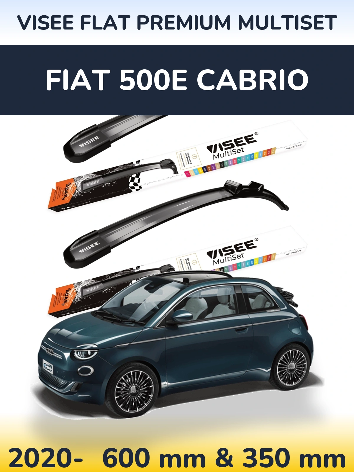 Komplet przednich wycieraczek VISEE FLAT PREMIUM MultiSet 600 & 350 mm do Fiat 500e Cabrio 2020-2026