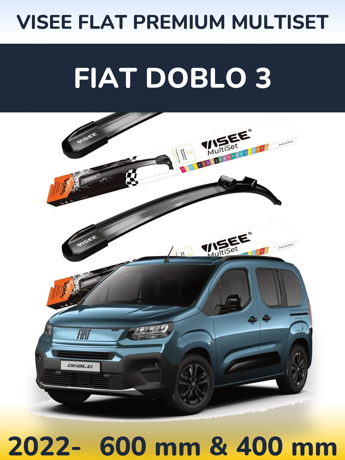 Komplet przednich wycieraczek VISEE FLAT PREMIUM MultiSet 600 & 400 mm do Fiat Doblo 3 2022-2026