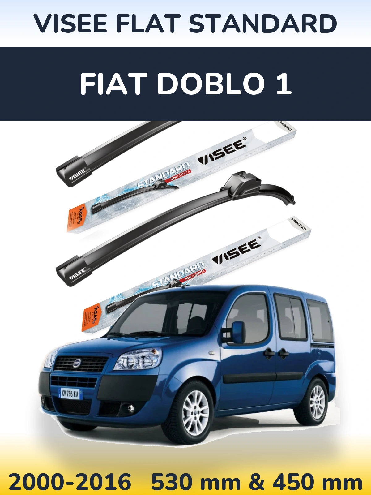 Комплект передних дворников VISEE FLAT STANDARD 530 & 450 мм для Fiat Doblo 1 2000-2016