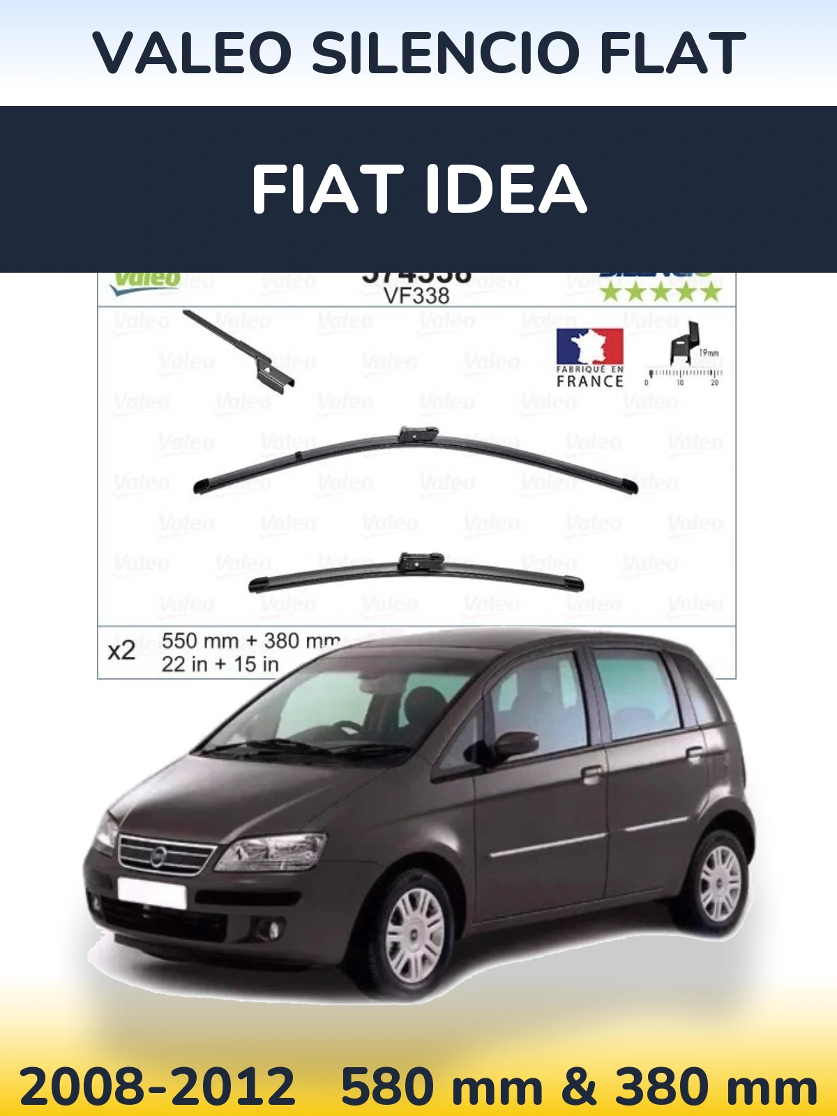 Komplet przednich wycieraczek Valeo Silencio Flat 550 & 380 mm do Fiat Idea 2008-2012