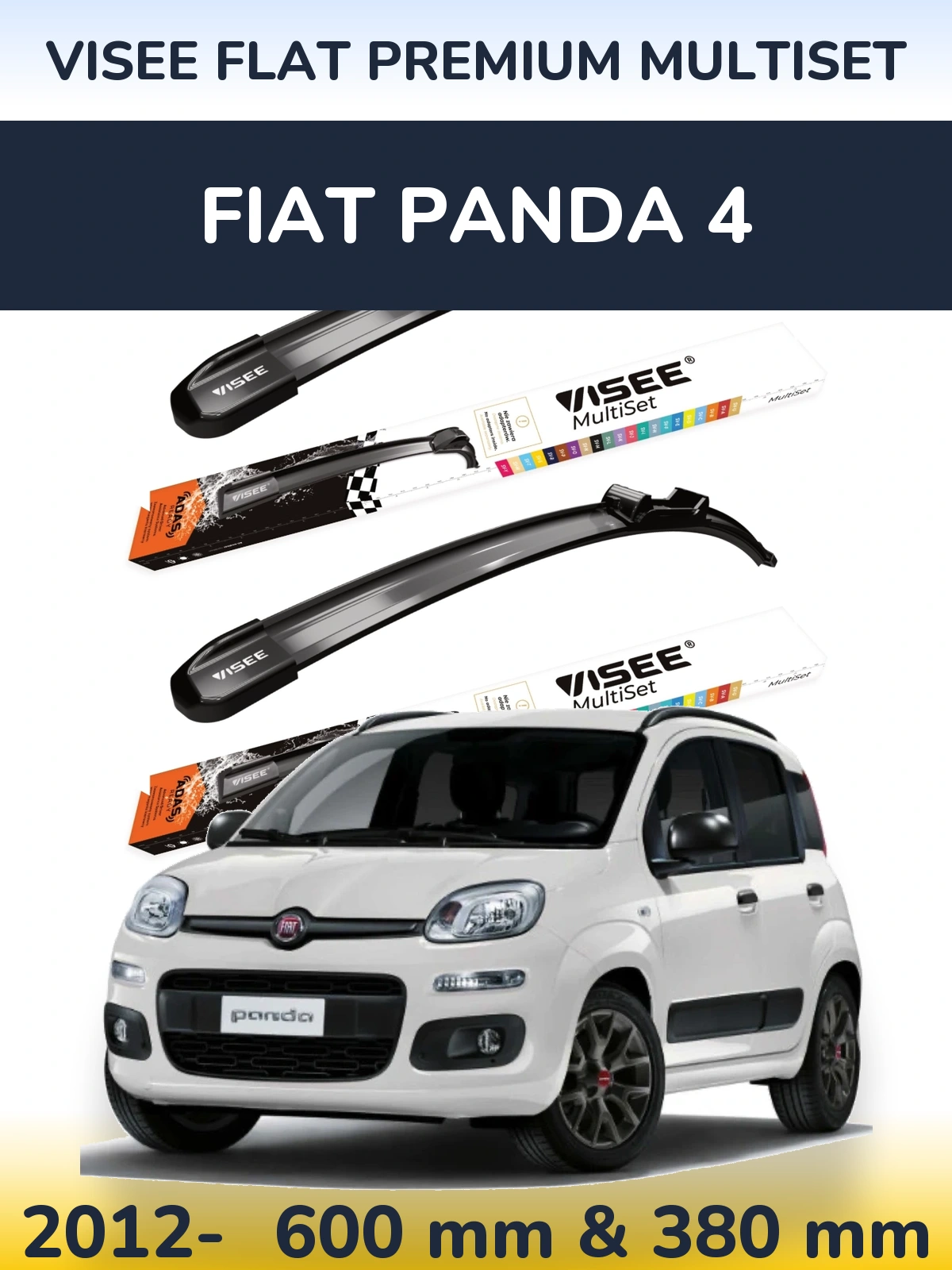 Front wiper blade set VISEE FLAT PREMIUM MultiSet 600 & 380 mm for Fiat Panda 4 2012-2026